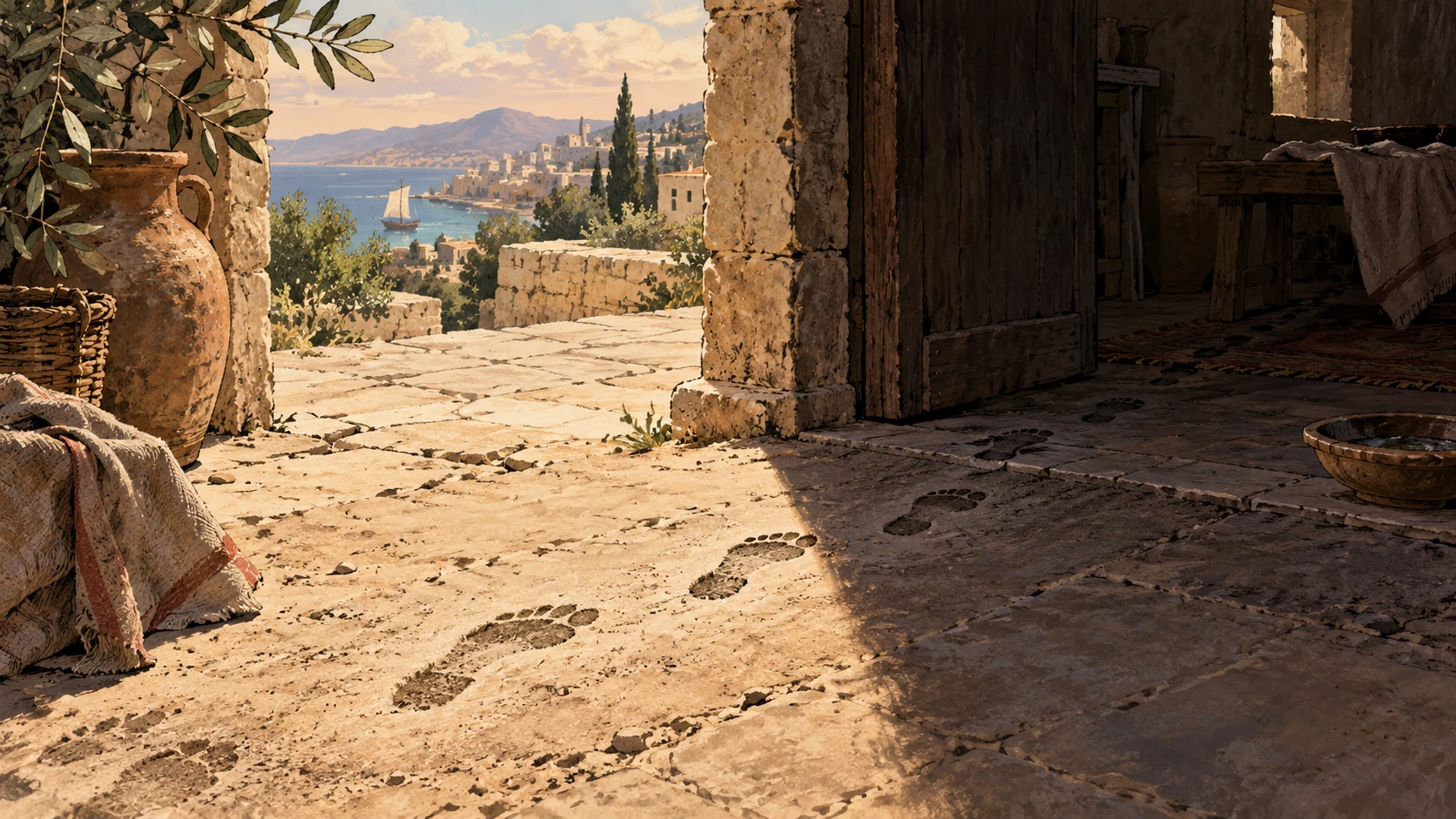 Footprints cross from bright dust into a shadowed doorway.