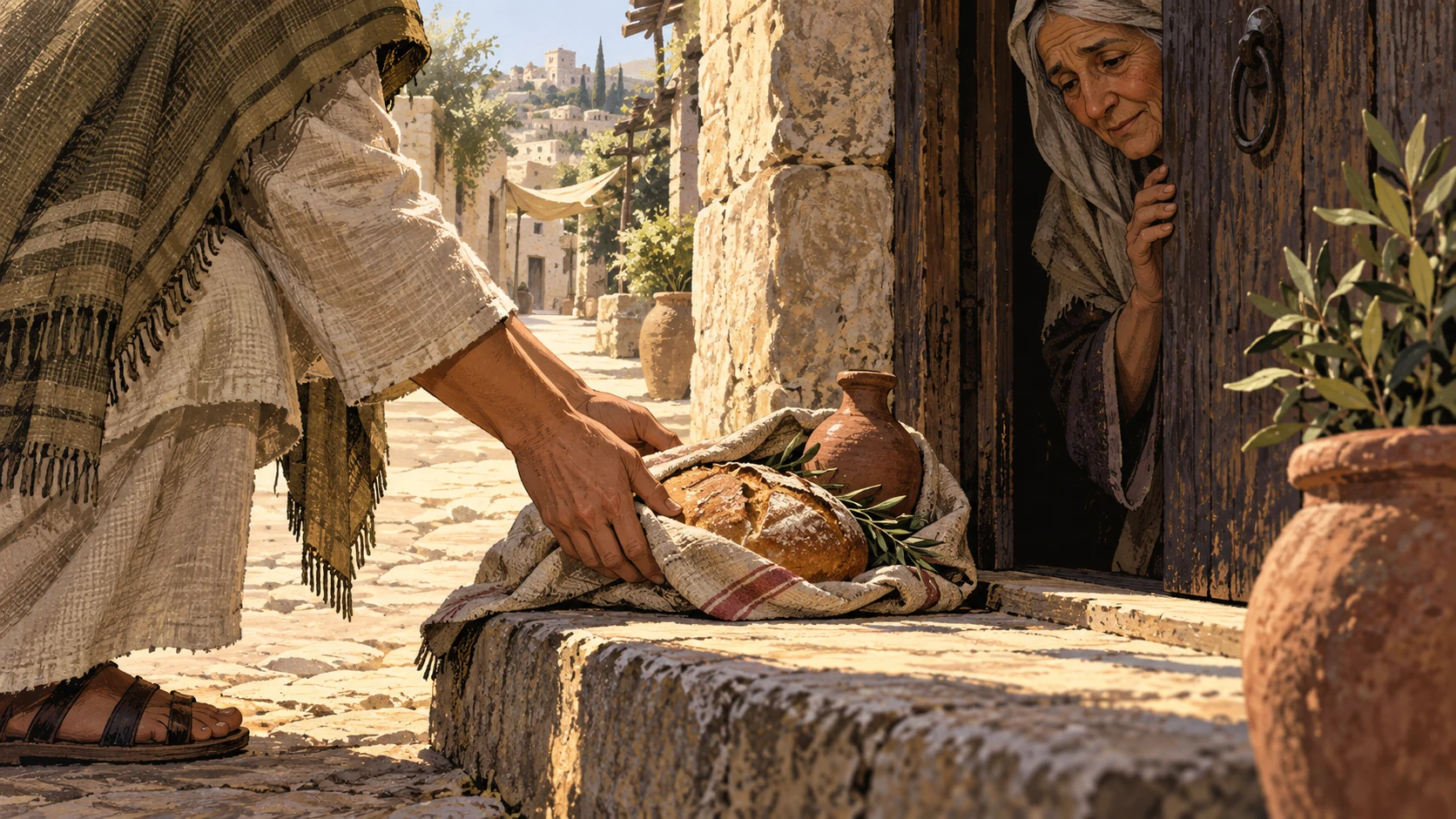 Anonymous hands leave bread at an older neighbor’s doorway.