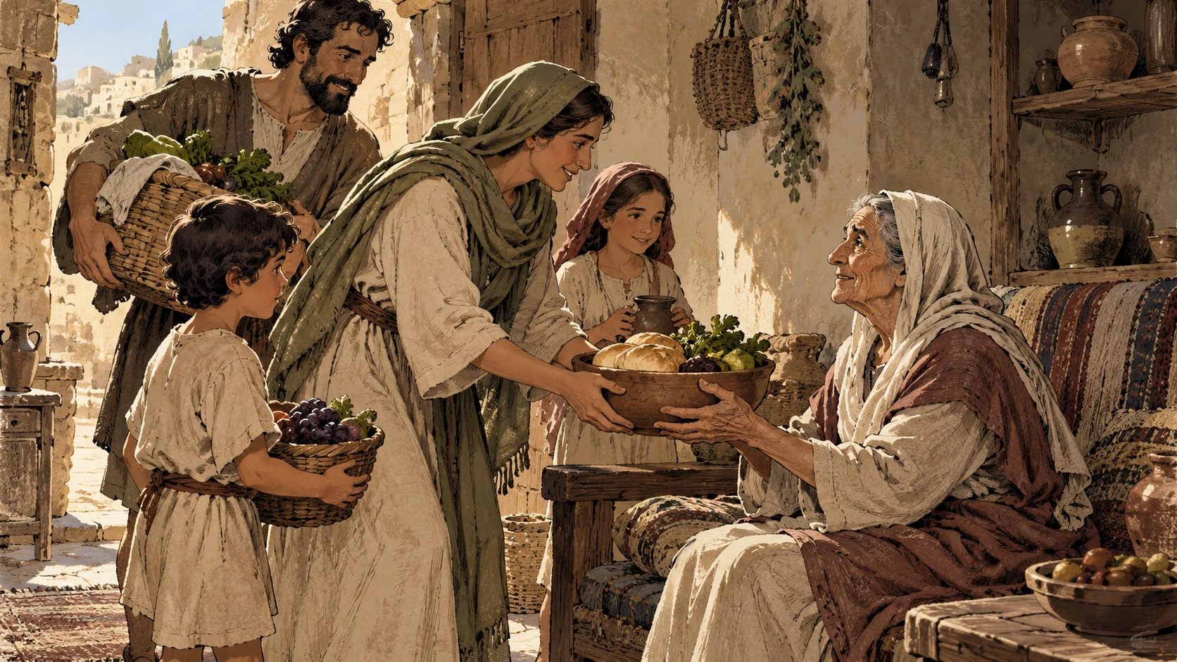 An anonymous family brings food to an older woman at home.