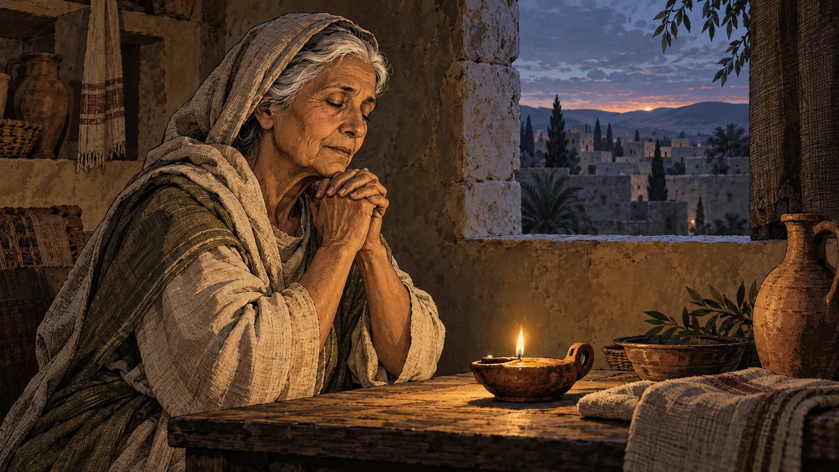 An anonymous older widow prays beside an oil lamp near dawn.