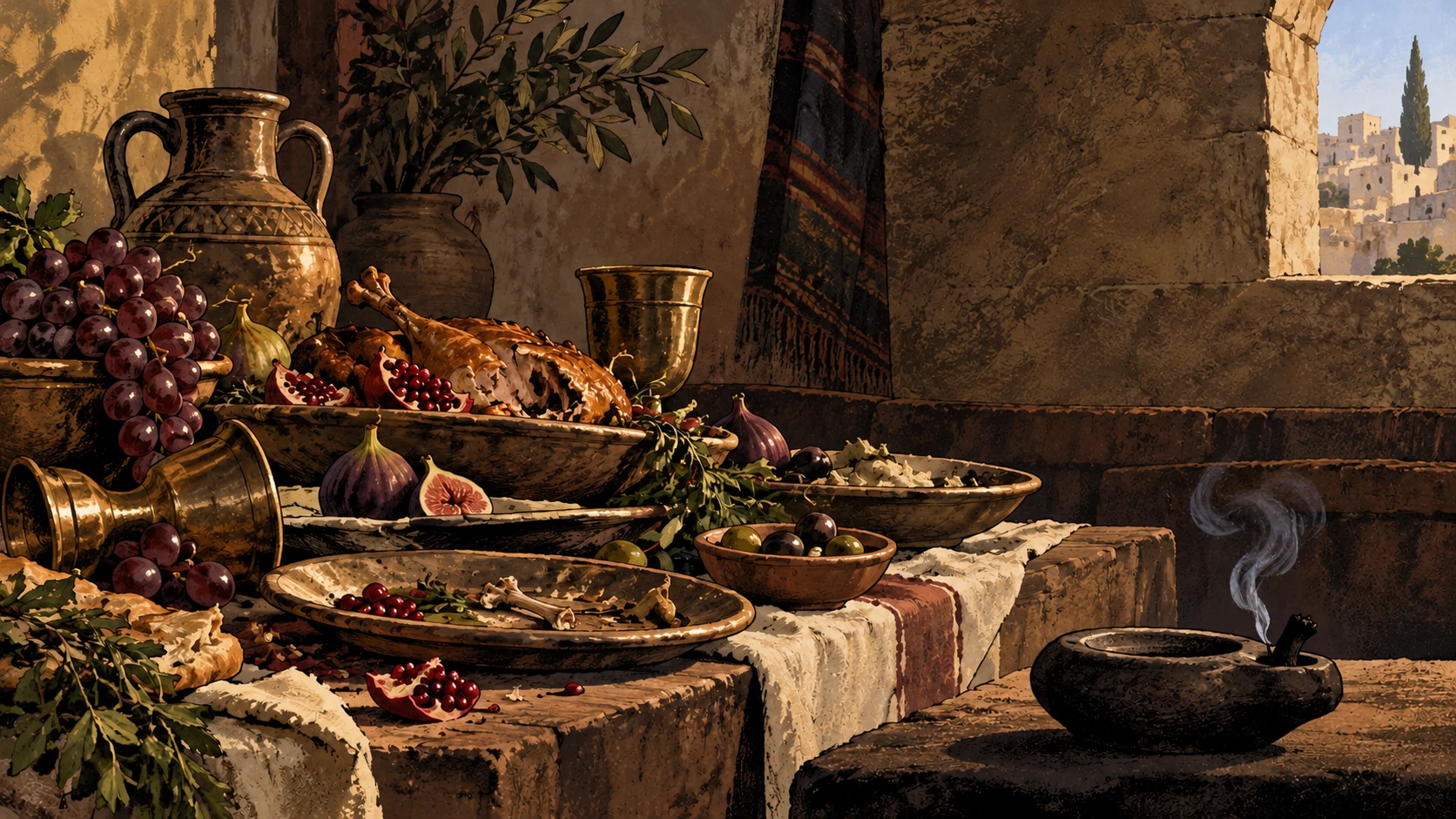 An excessive feast stands beside an extinguished lamp in an empty room.