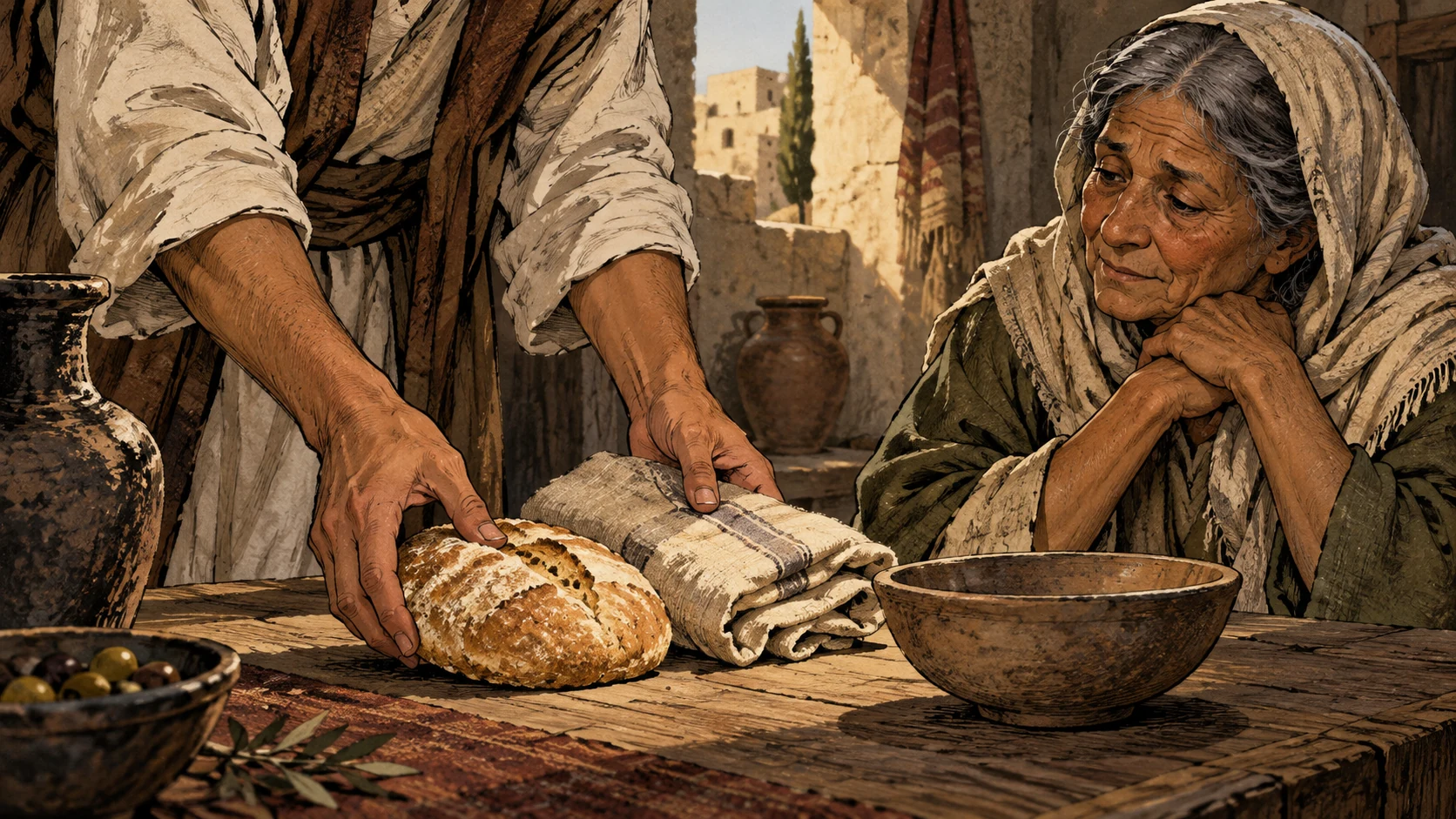 Anonymous hands place bread and folded cloth near an older household member’s empty bowl.