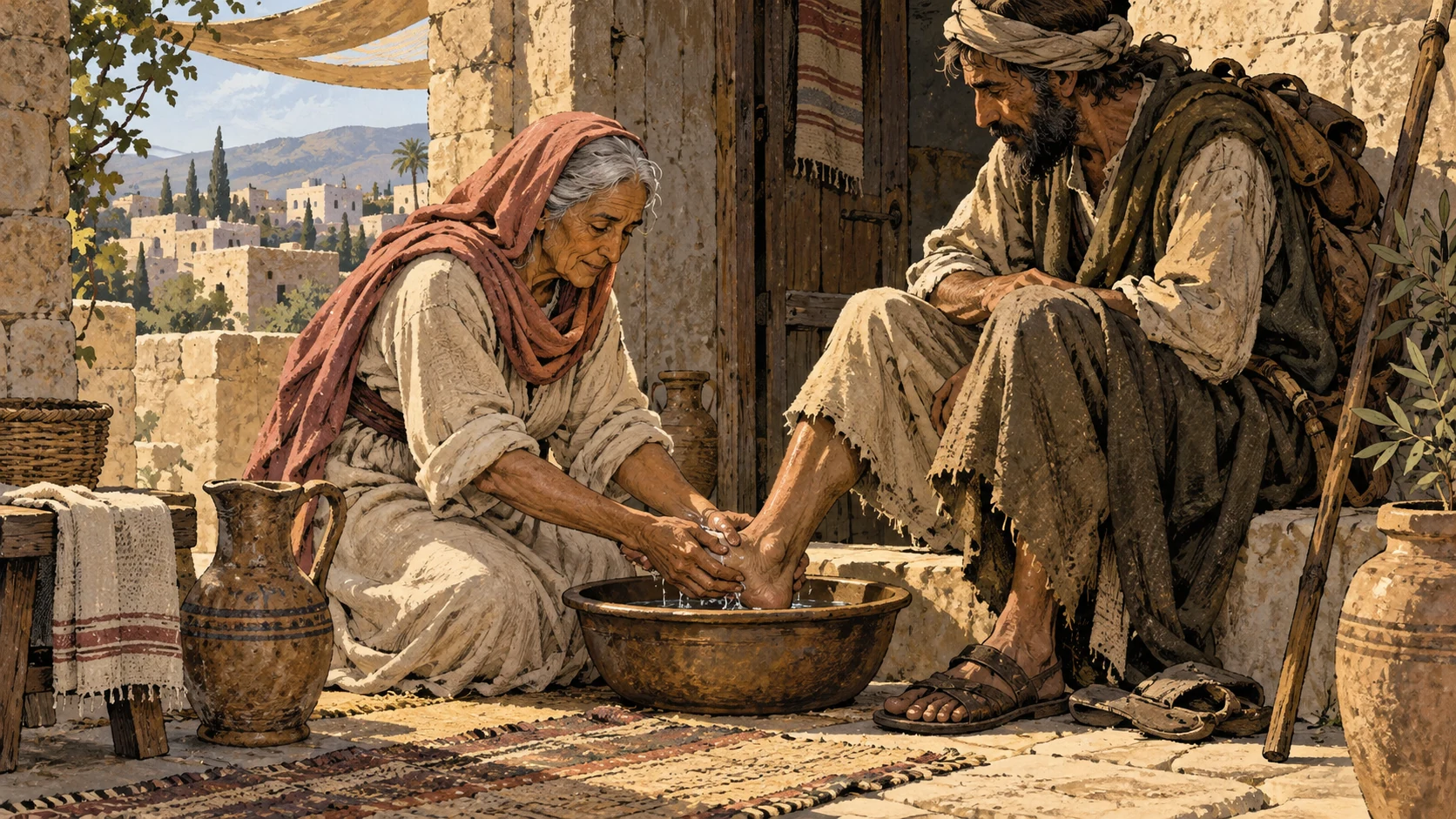An anonymous older woman washes a traveler’s foot beside a basin.