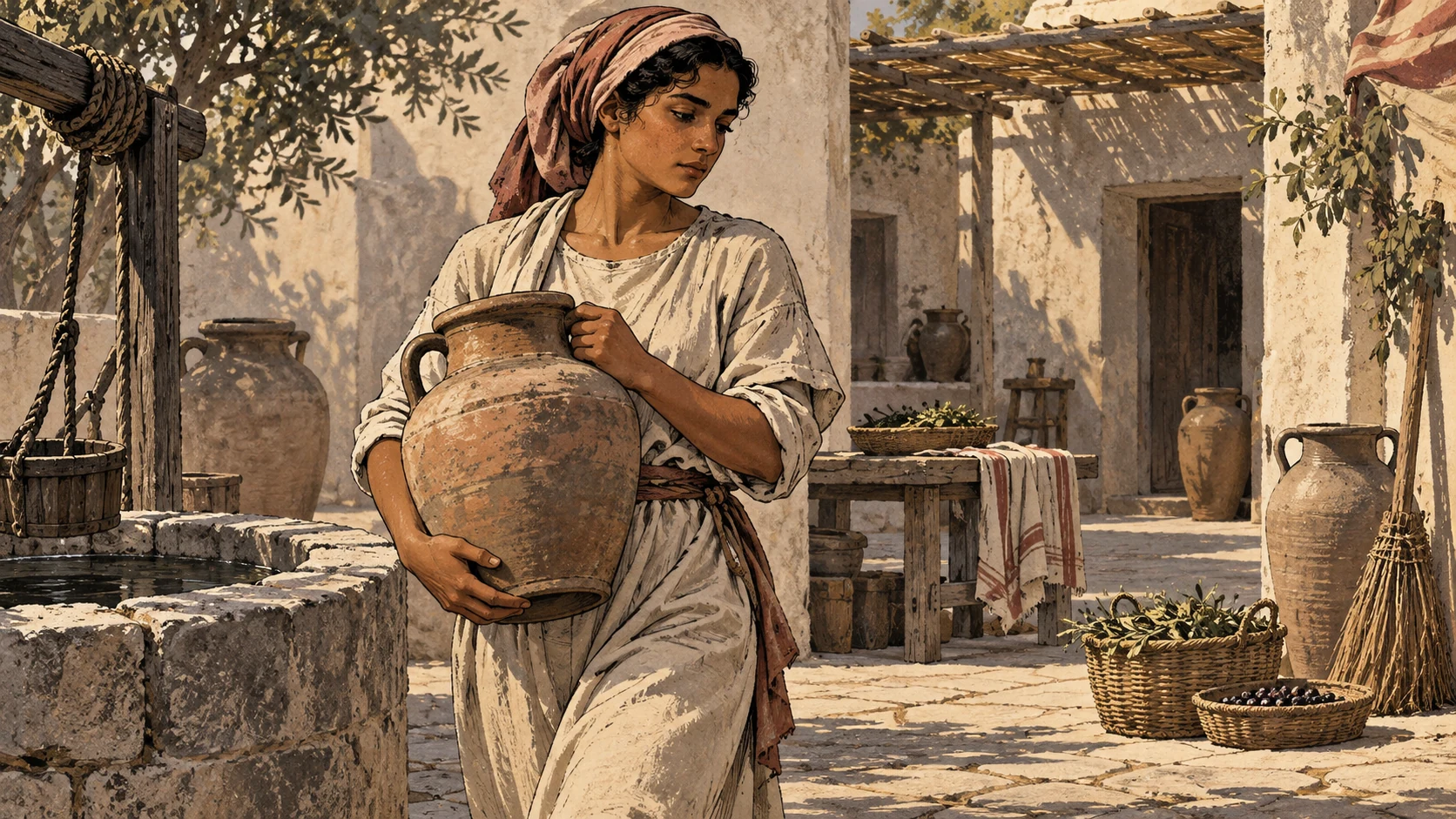 An anonymous household servant carries a large water jar through a working courtyard.