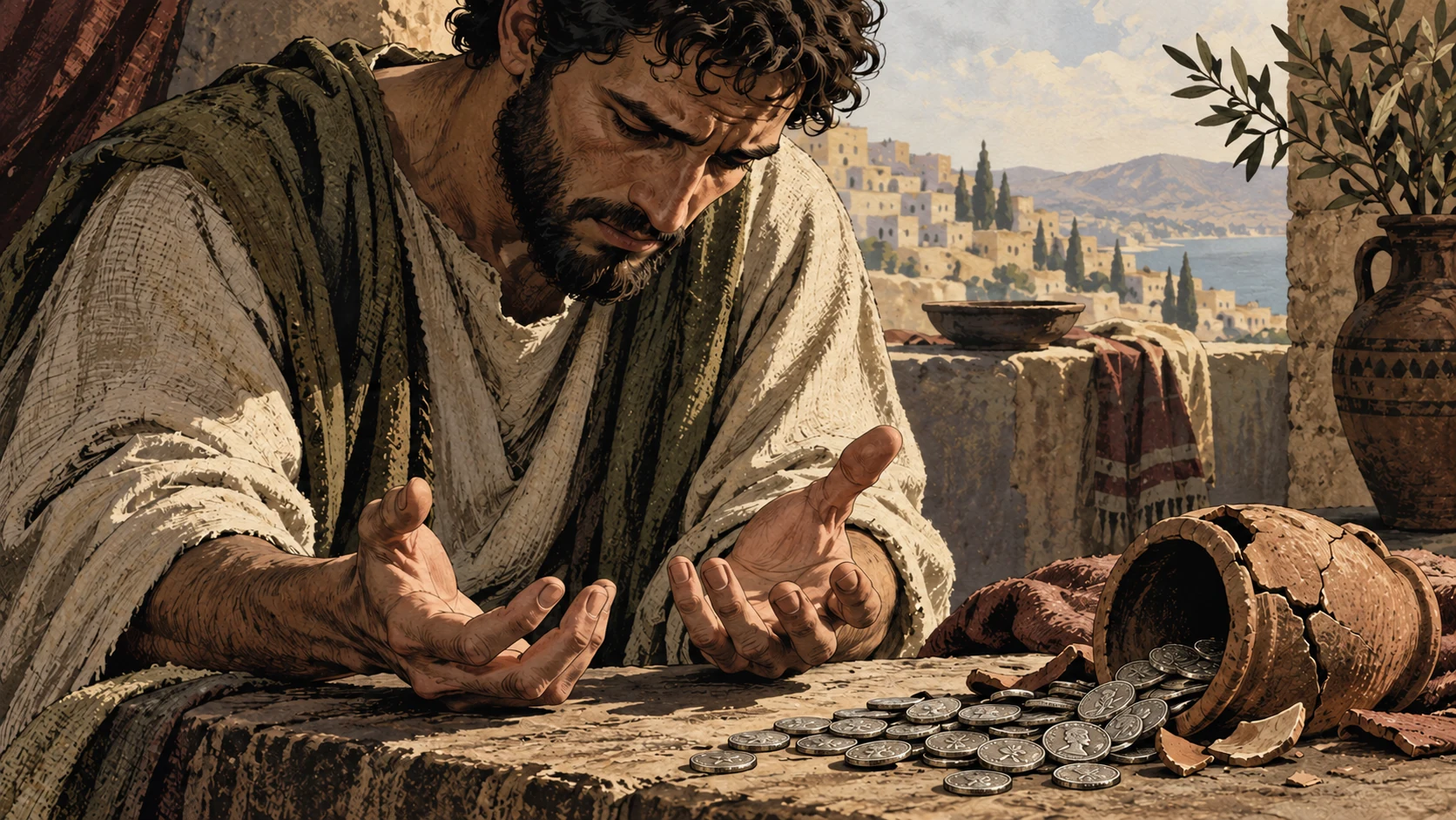 An anonymous adult looks at spilled coins beside broken pottery with empty hands.