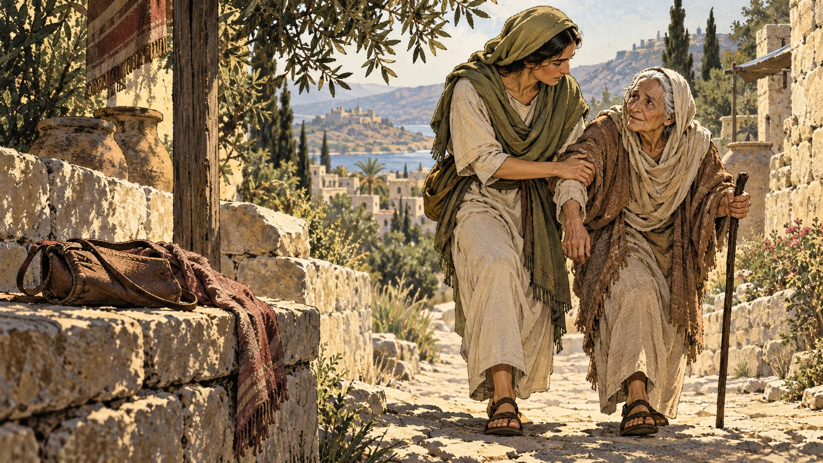 An anonymous adult supports an older neighbor on a path while a purse remains aside.