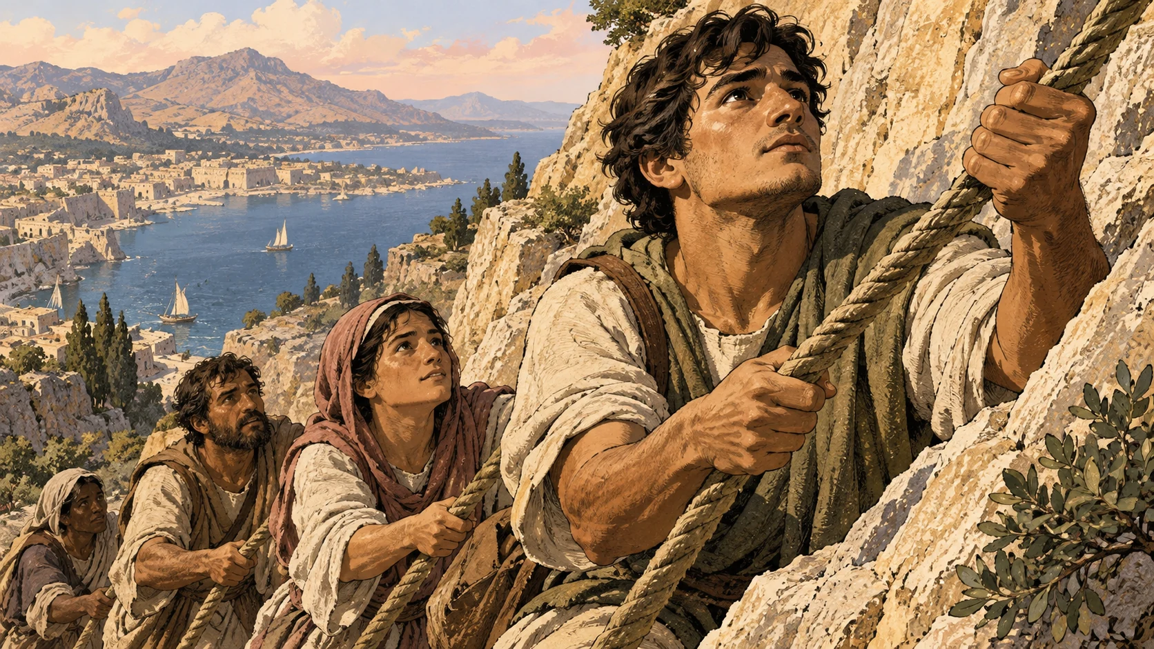 Anonymous climbers hold a sturdy rope on a stone slope.