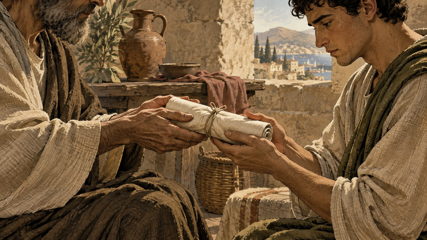 Anonymous hands hold a rolled letter wrapped in clean linen.