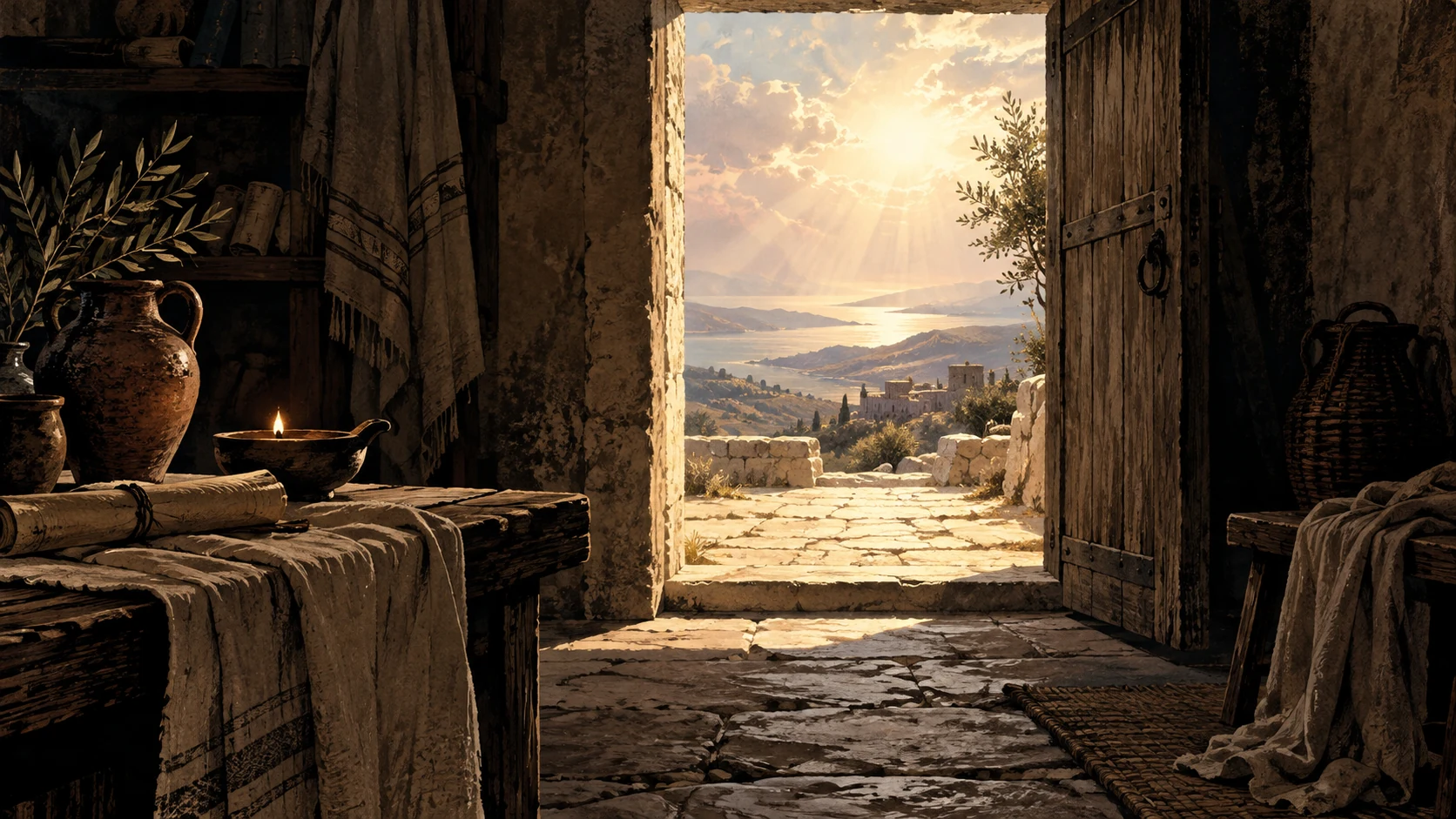 An empty doorway frames bright distant light beyond a shadowed room.