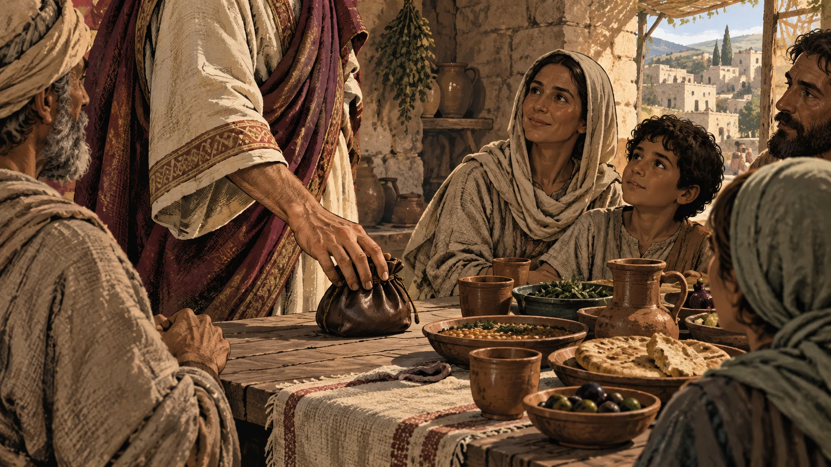 An anonymous well-clothed adult sets a closed purse beside a shared ordinary meal.