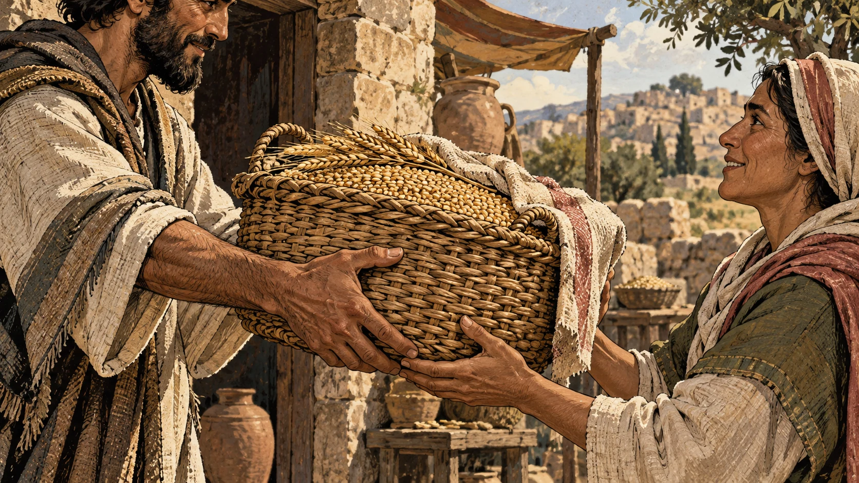 Anonymous adults share a large basket of grain.
