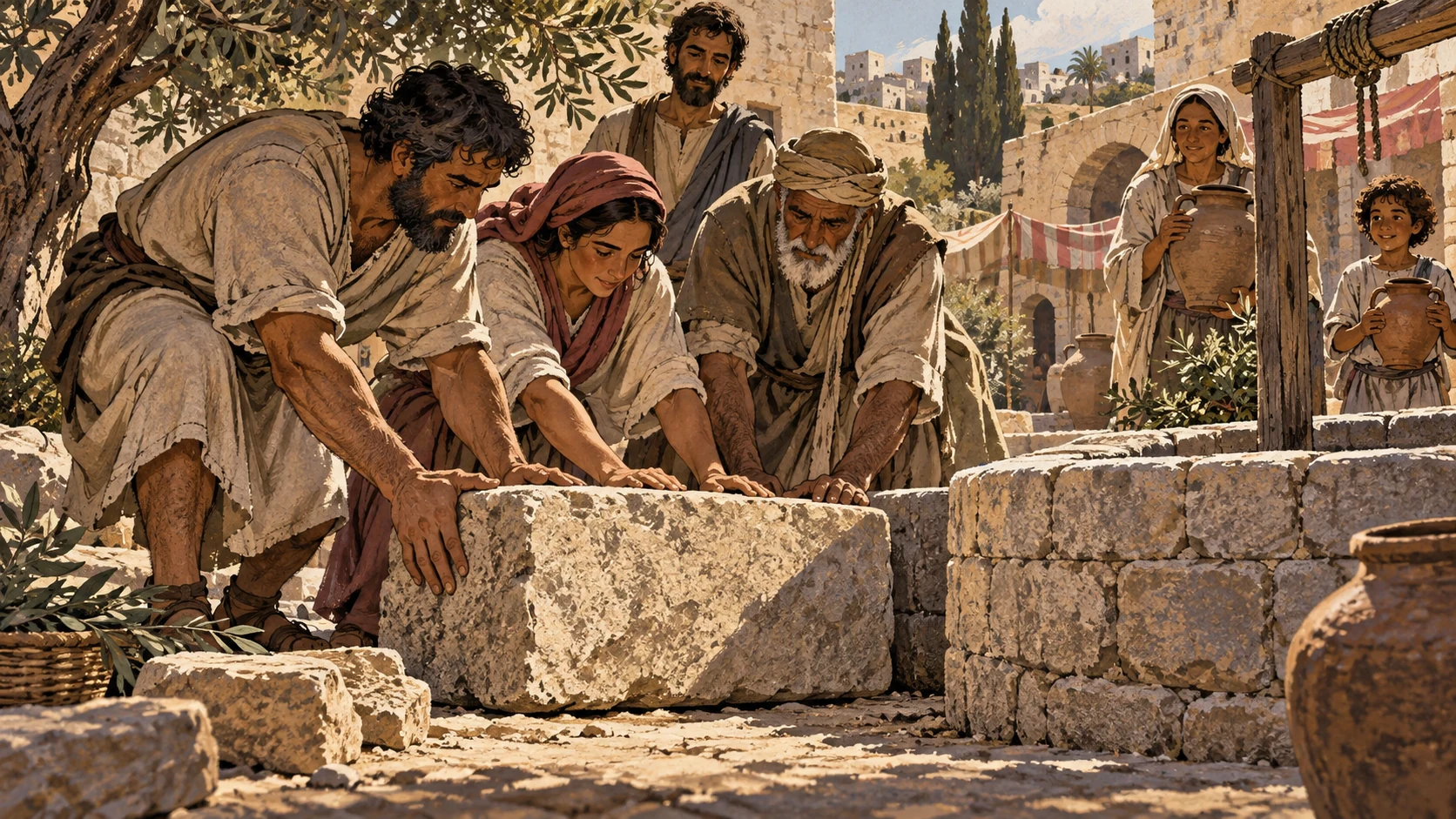 Anonymous community members set a large foundation stone beside a well.