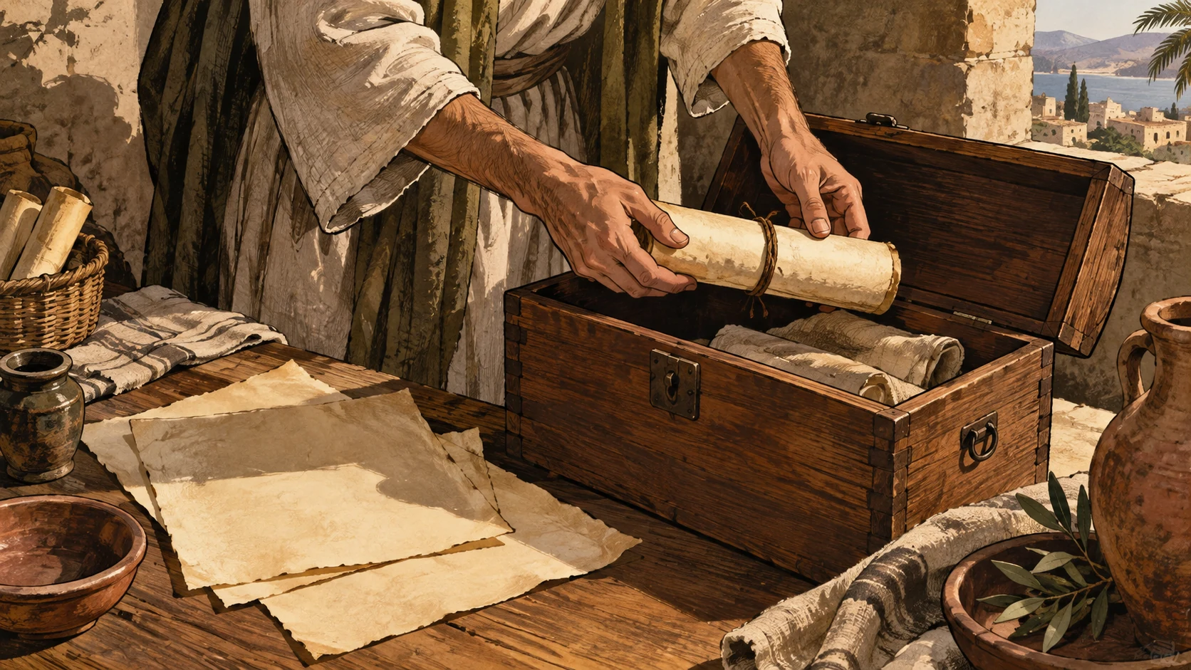 Anonymous hands place a blank rolled letter inside a wooden chest.
