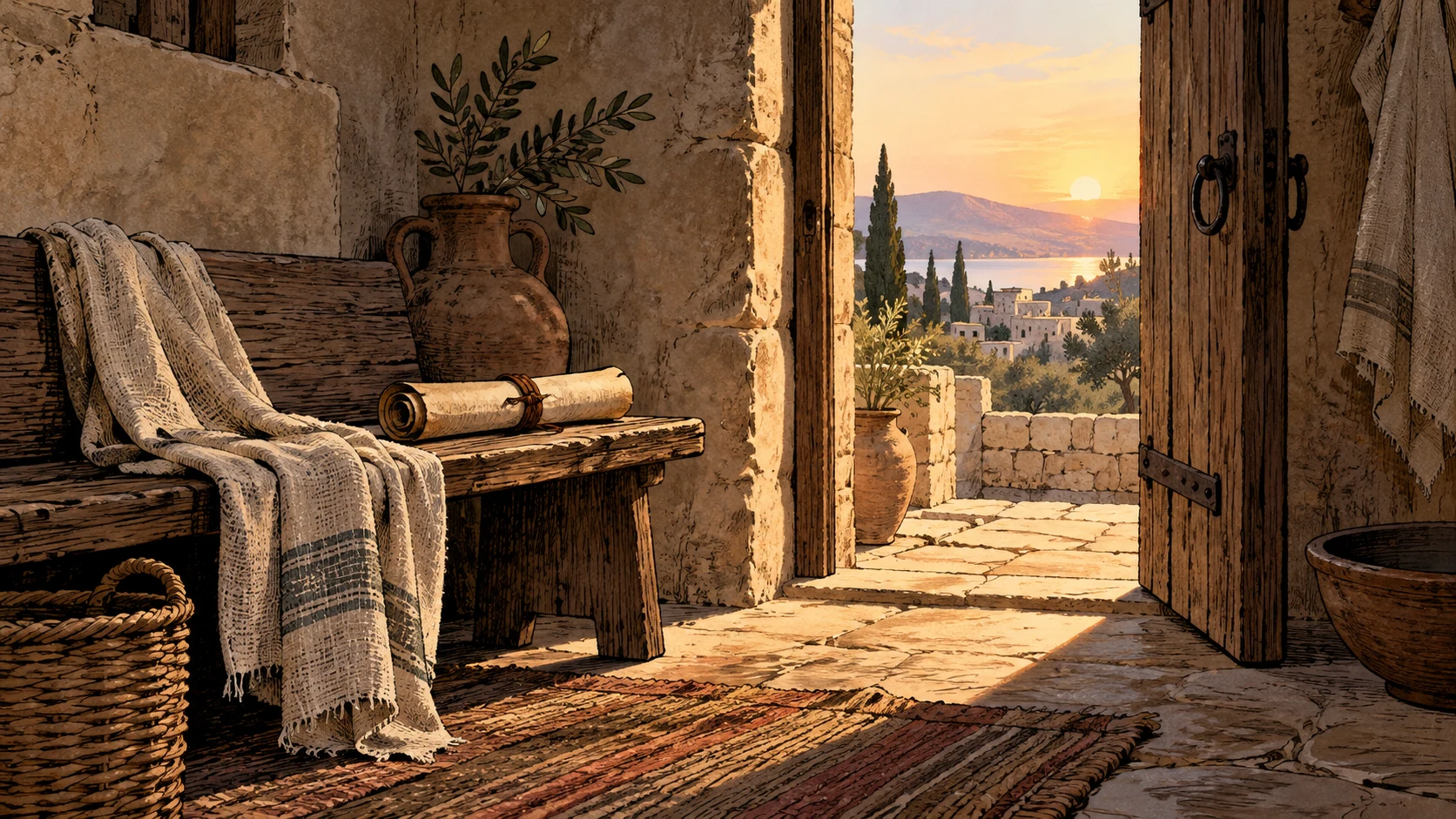 A wrapped scroll rests on a bench beside a doorway lit by dawn.