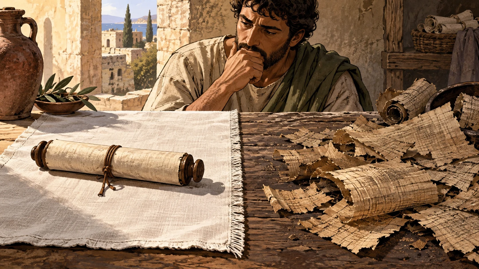 A preserved blank scroll rests on clean linen beside scattered torn papyrus.