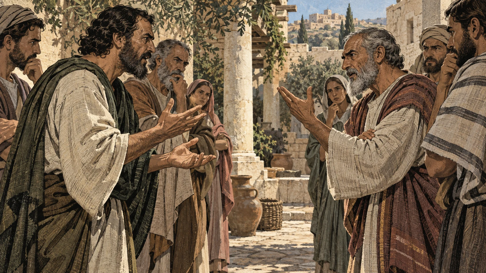 Anonymous adults face one another in tense debate in a courtyard.