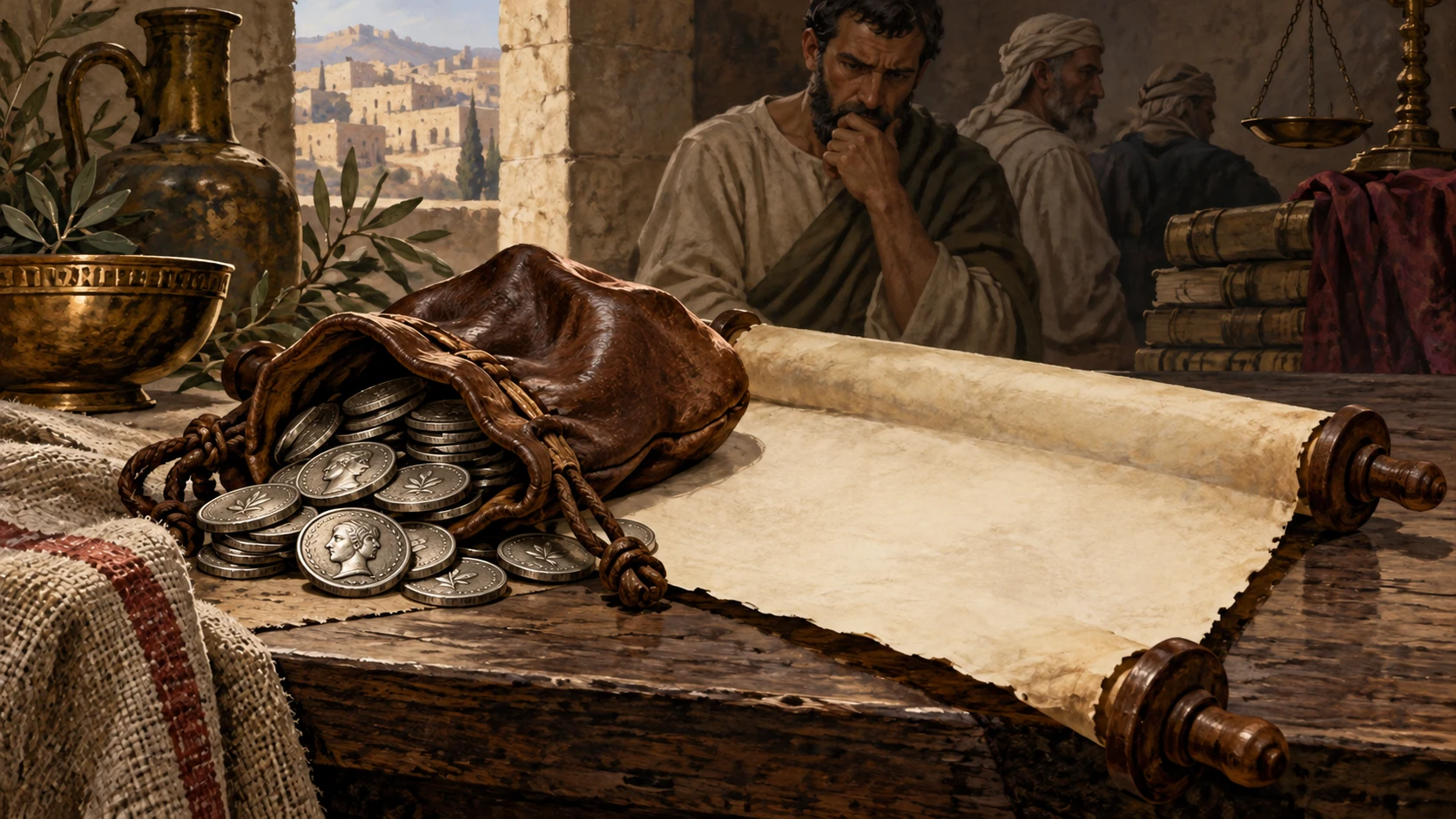 An open coin purse occupies the foreground beside an unmarked scroll.