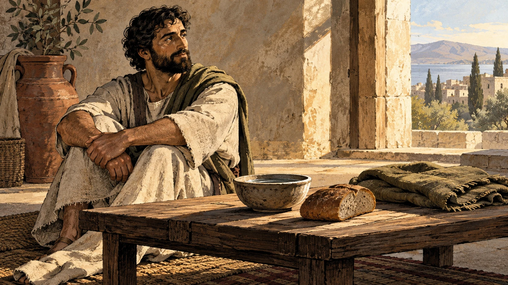 Simple food, a bowl, and a folded cloak sit near an anonymous contented adult.