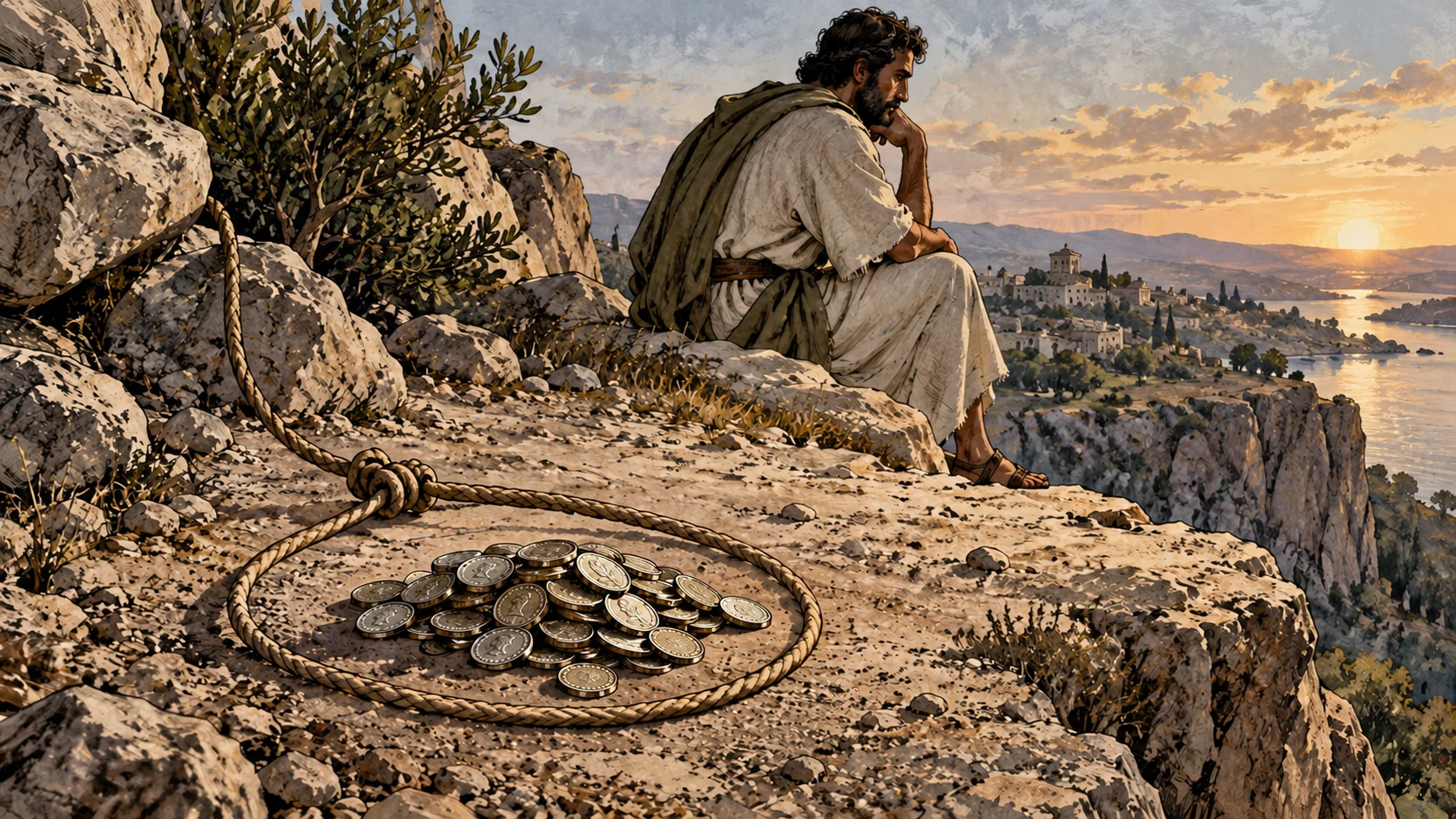 Coins lie inside a rope loop near a rocky drop, with an anonymous adult beyond.