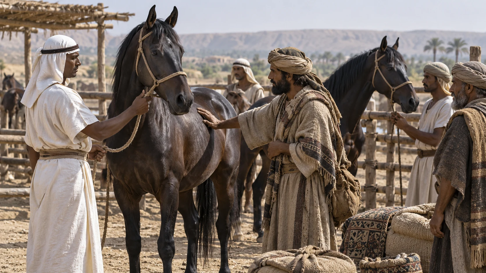 Merchants inspect healthy horses in ancient trade enclosure; natural reins and respectful handlers.