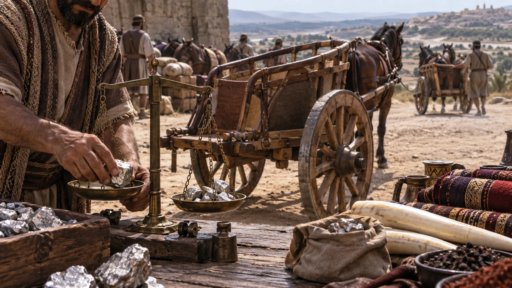 Object insert of weighed silver at table beside wooden chariot; separate outgoing carts background. No modern currency.