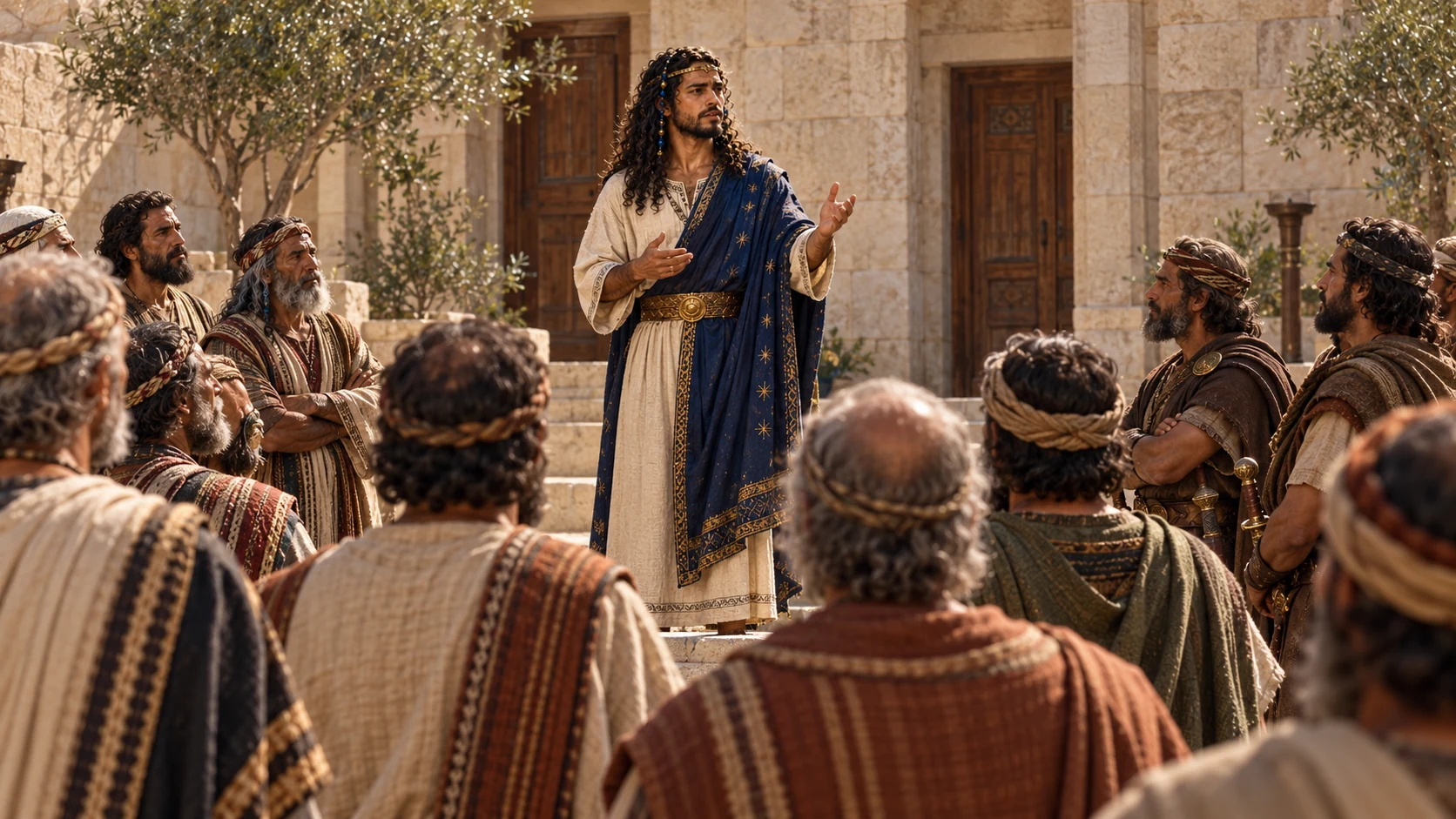 Reverse viewpoint through assembled officials toward Solomon addressing them in a Jerusalem courtyard.