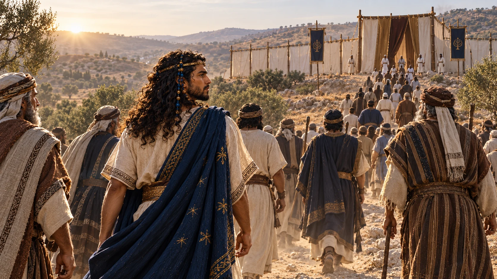 Geography-led view of procession approaching Gibeon sanctuary, ark absent.