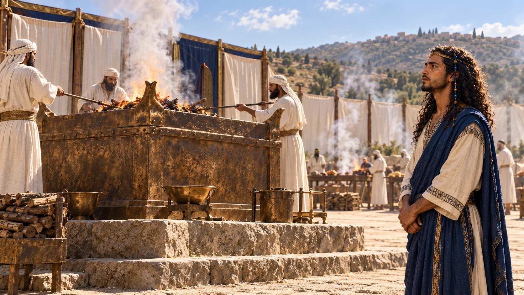 Priestly offering fire with Solomon beyond altar, restrained smoke, no graphic slaughter or unrealistic thousand animals in one frame.