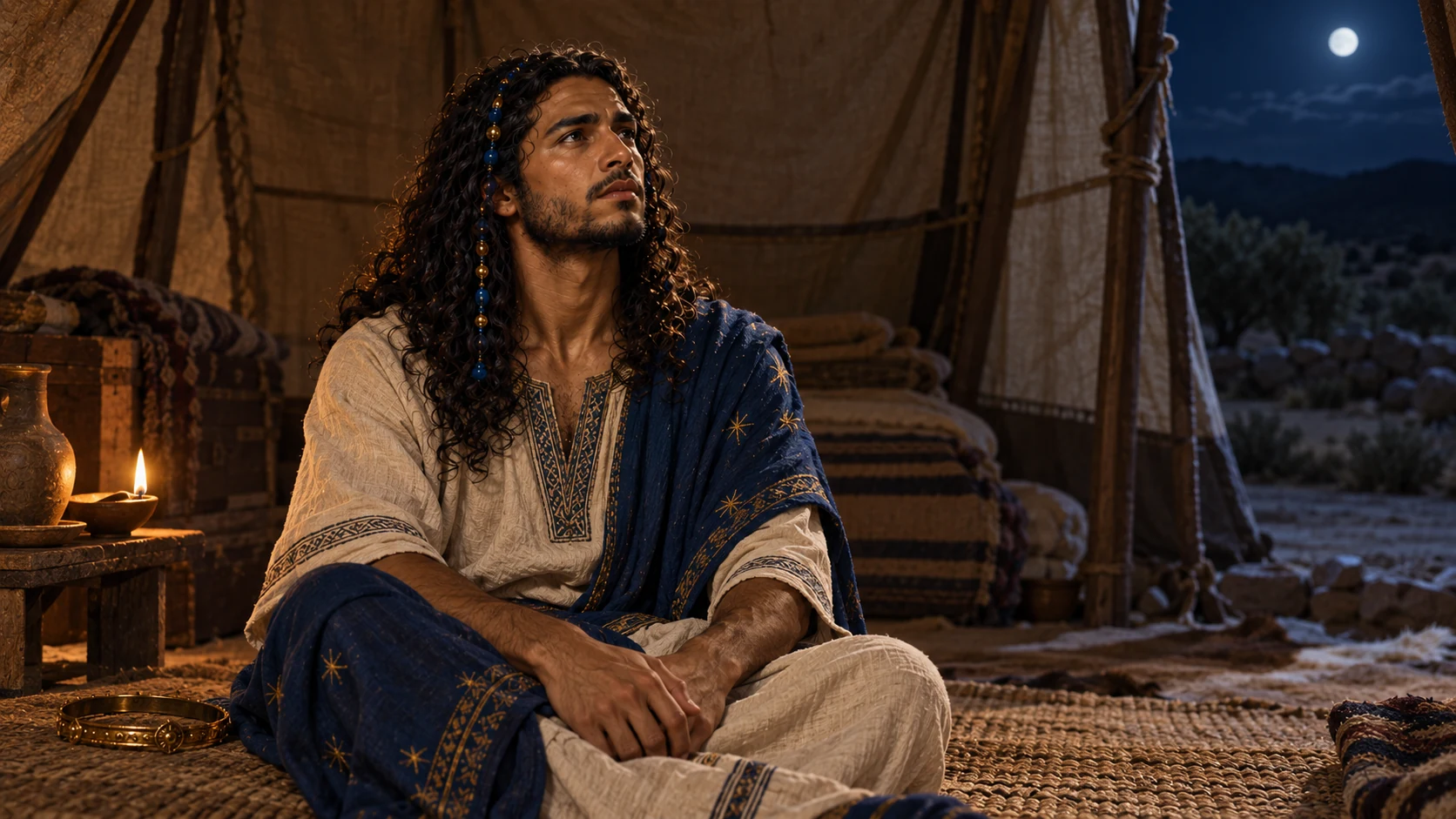 Night scene of Solomon listening in stillness; no embodied God, no invented apparition or dialogue lettering.