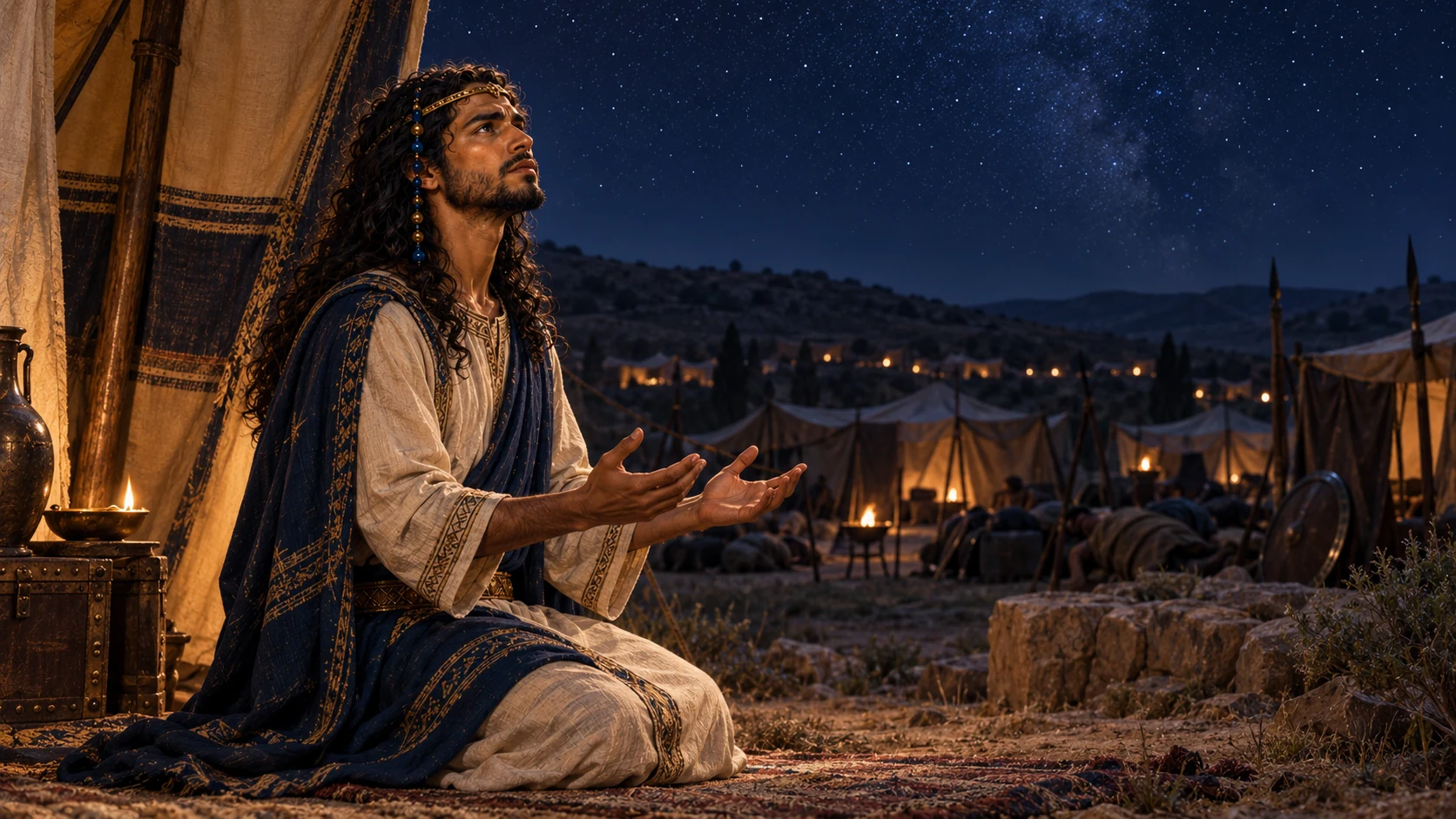 Side profile of Solomon praying beside tent opening, assembled camp beyond; no literal dust-shaped people.