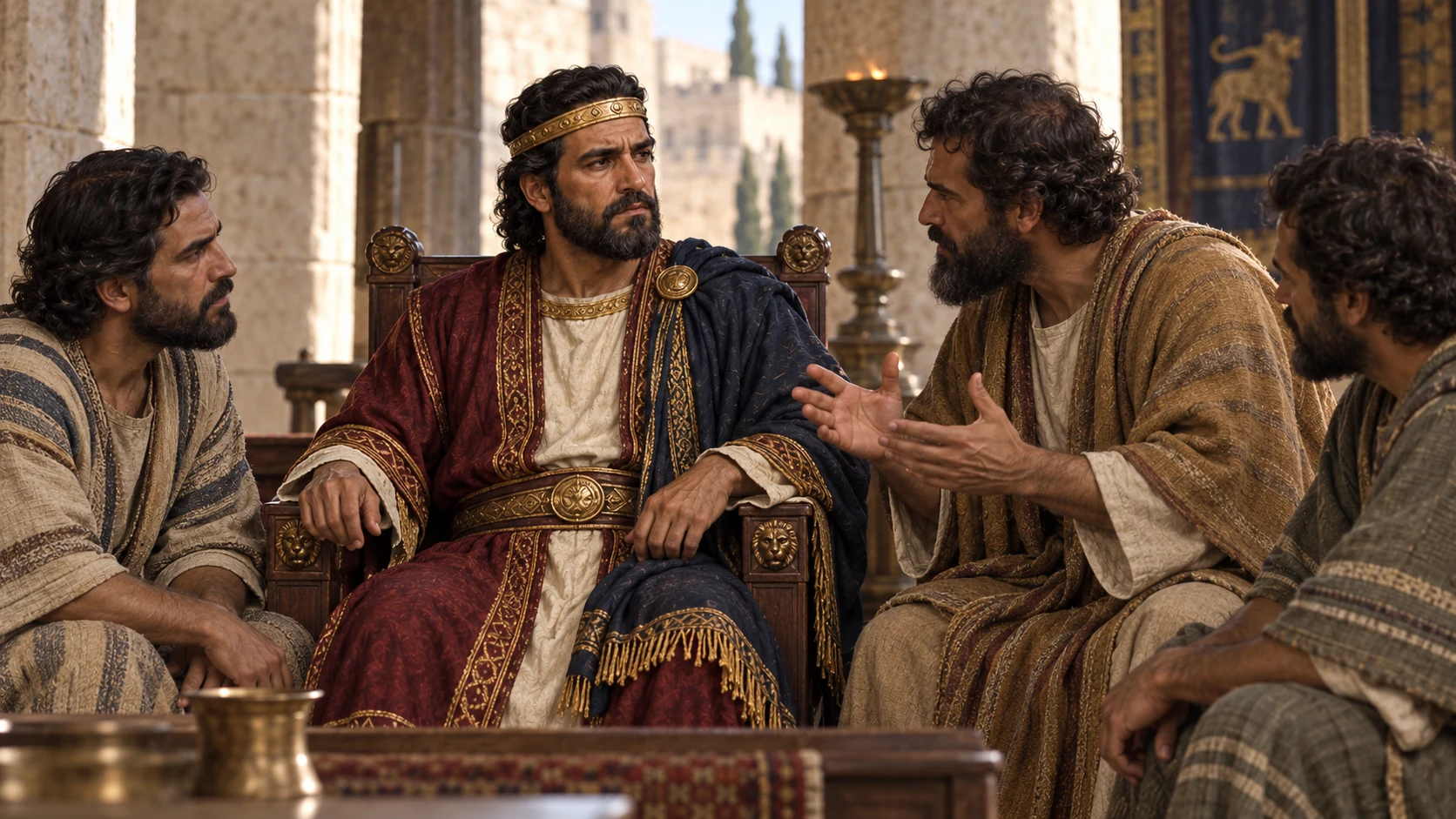 His companions urge a harsher answer; their threat remains spoken counsel.