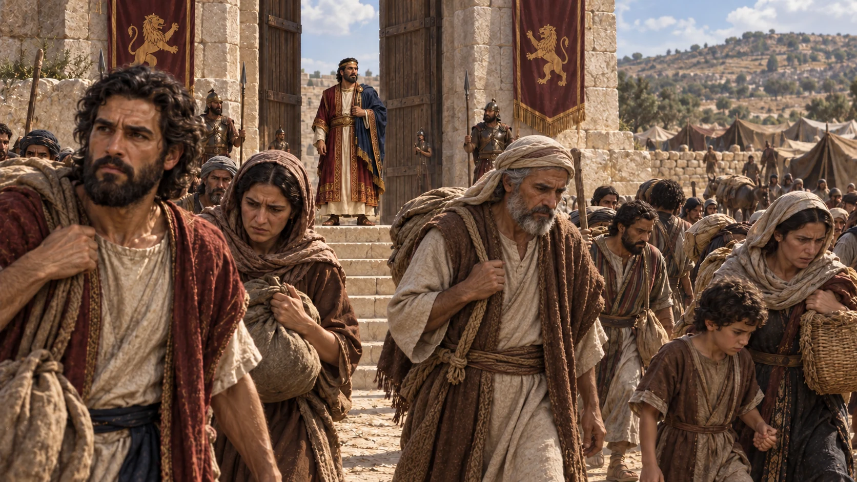 The people leave the king’s assembly and return toward their tents.