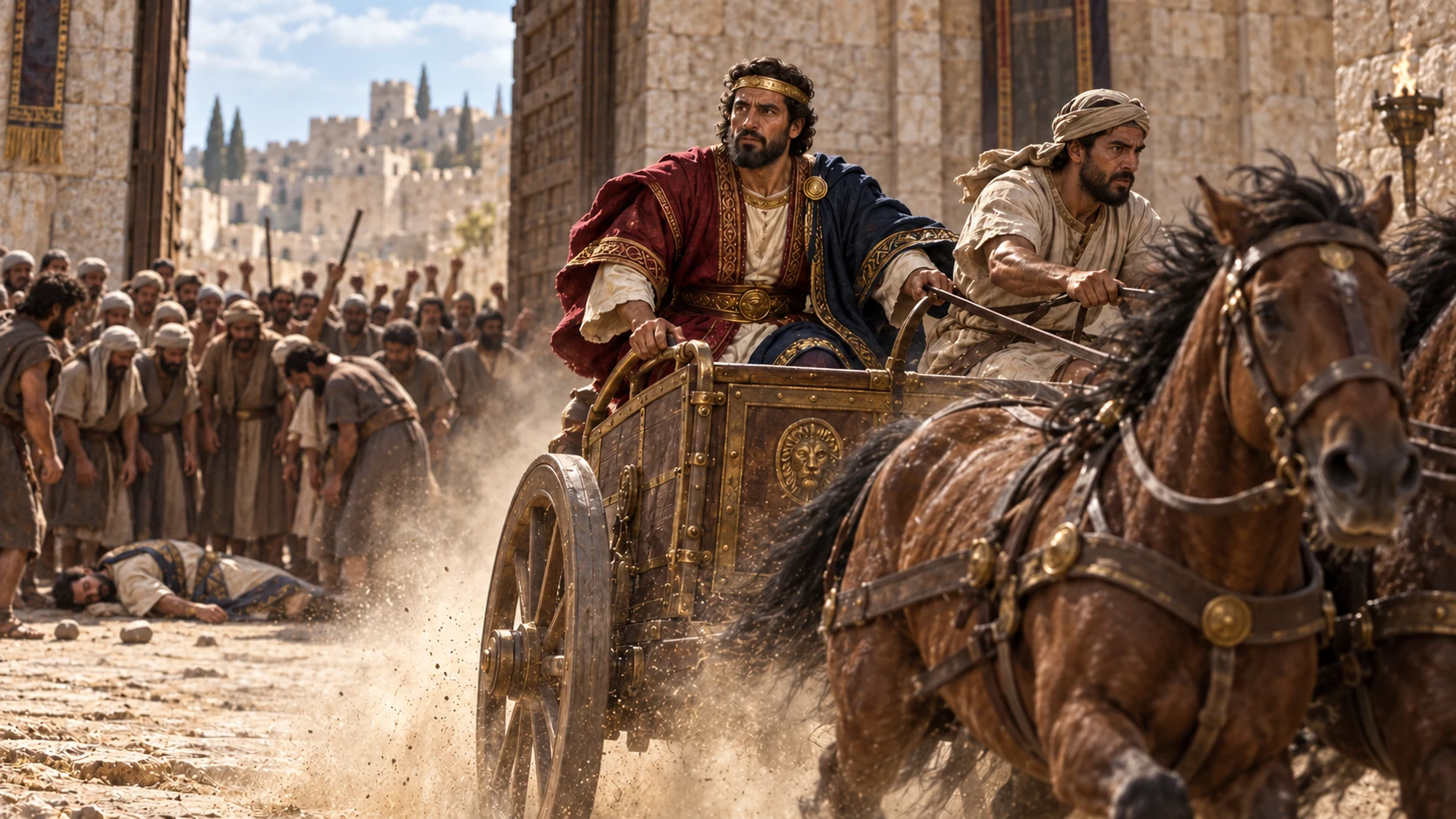 Rehoboam escapes by chariot after Hadoram’s death amid the angry gathering.