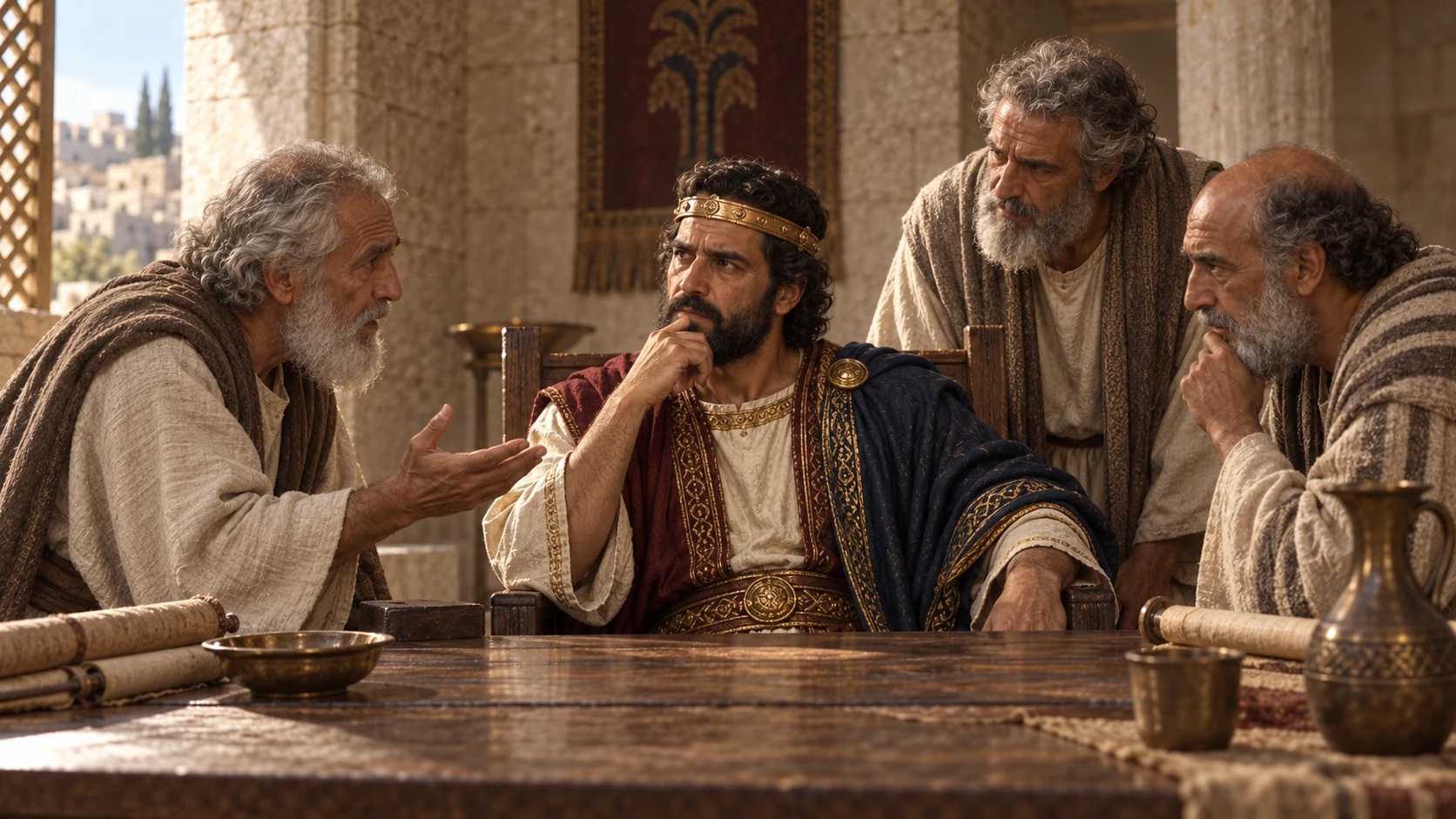 Older advisers urge the king to answer the people with kindness.