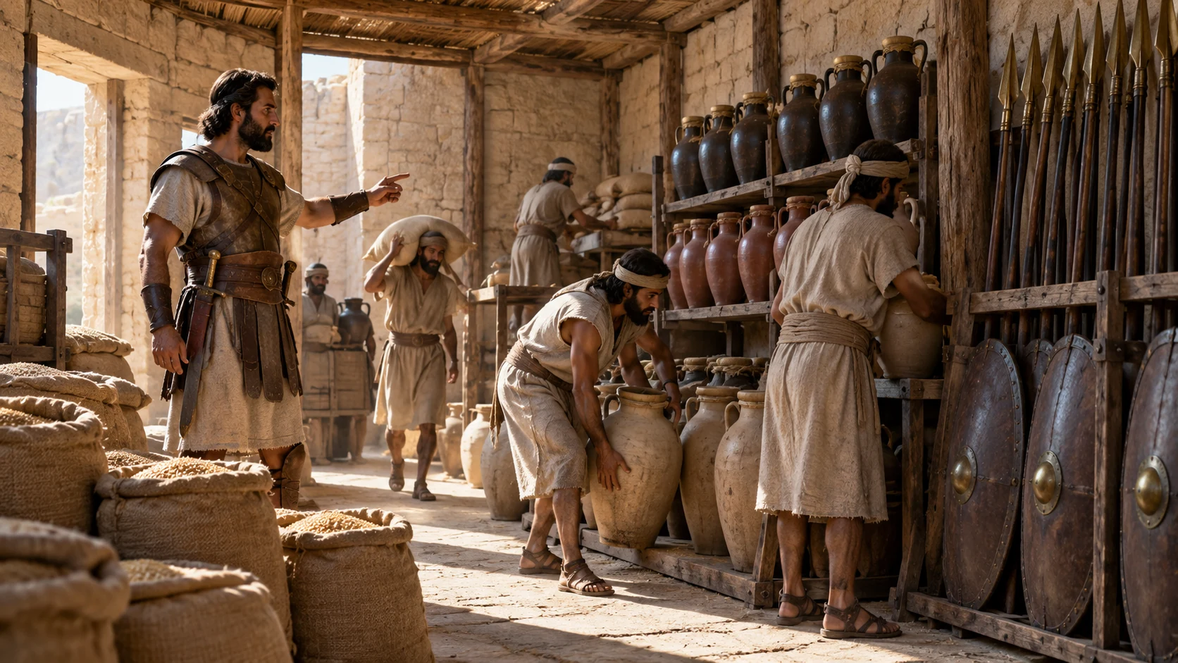 Commanders fill the strongholds with provisions, shields, and spears.