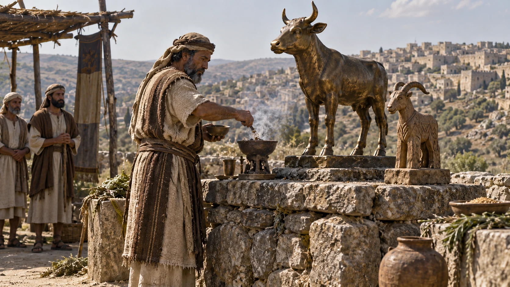 An officiant tends manmade calf and goat cult figures at a high place.