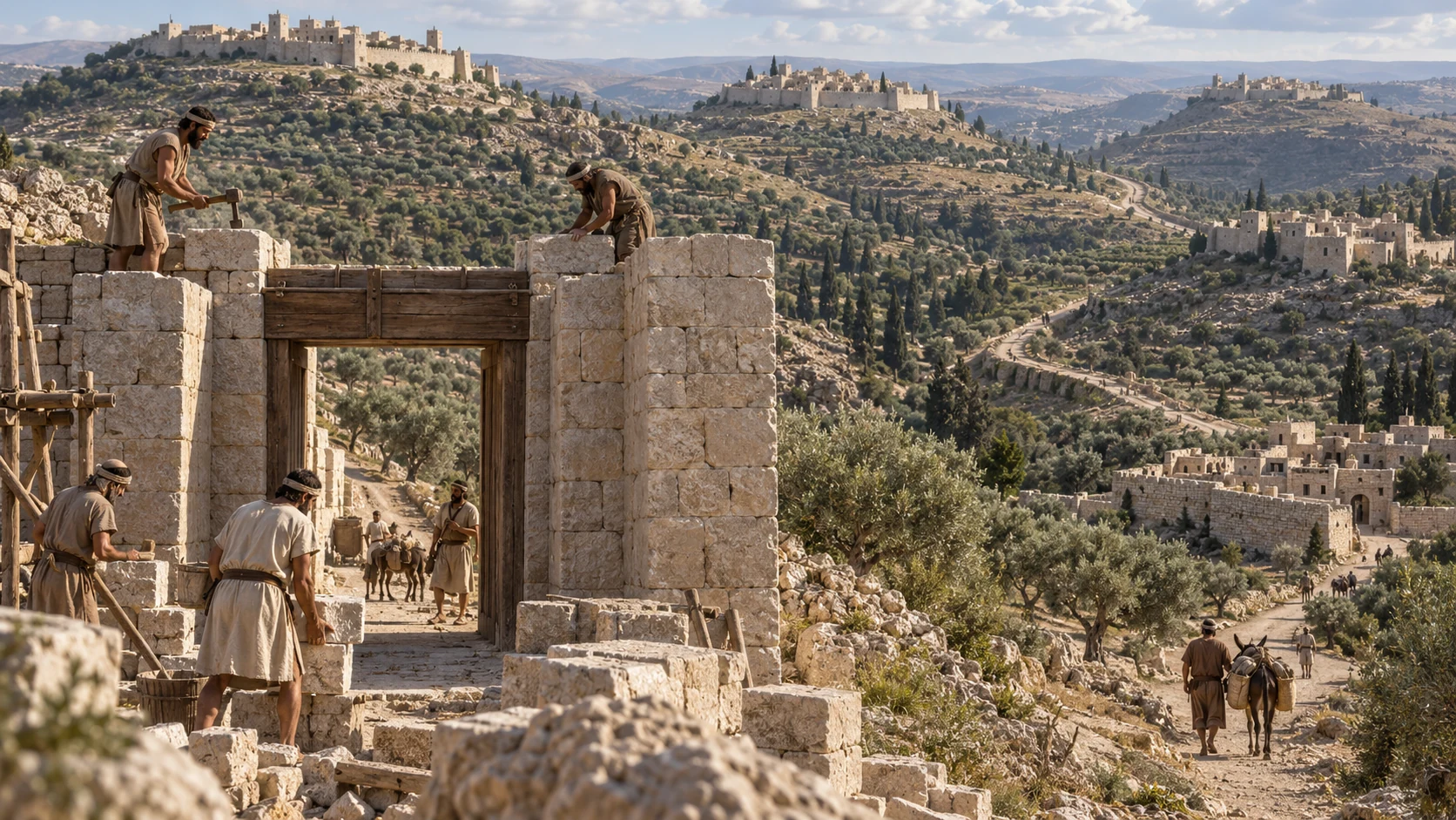 Fortified settlements across the hills illustrate the named strongholds of Judah and Benjamin.