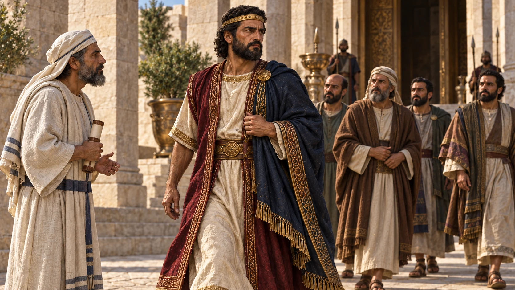 Established in power, Rehoboam turns away from the law represented by a priest’s closed scroll.