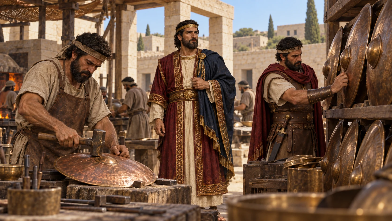 Craftsmen make bronze shields, and the guards inspect their replacements for the lost gold.