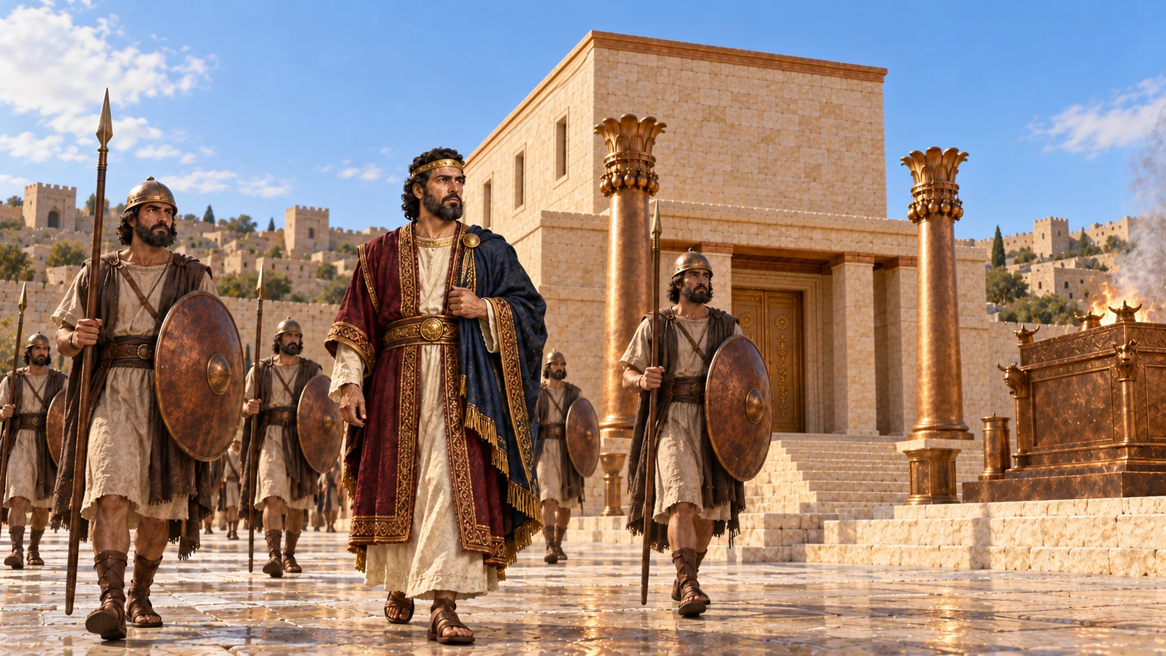 Palace guards carry bronze shields as Rehoboam approaches the house of Yahweh.