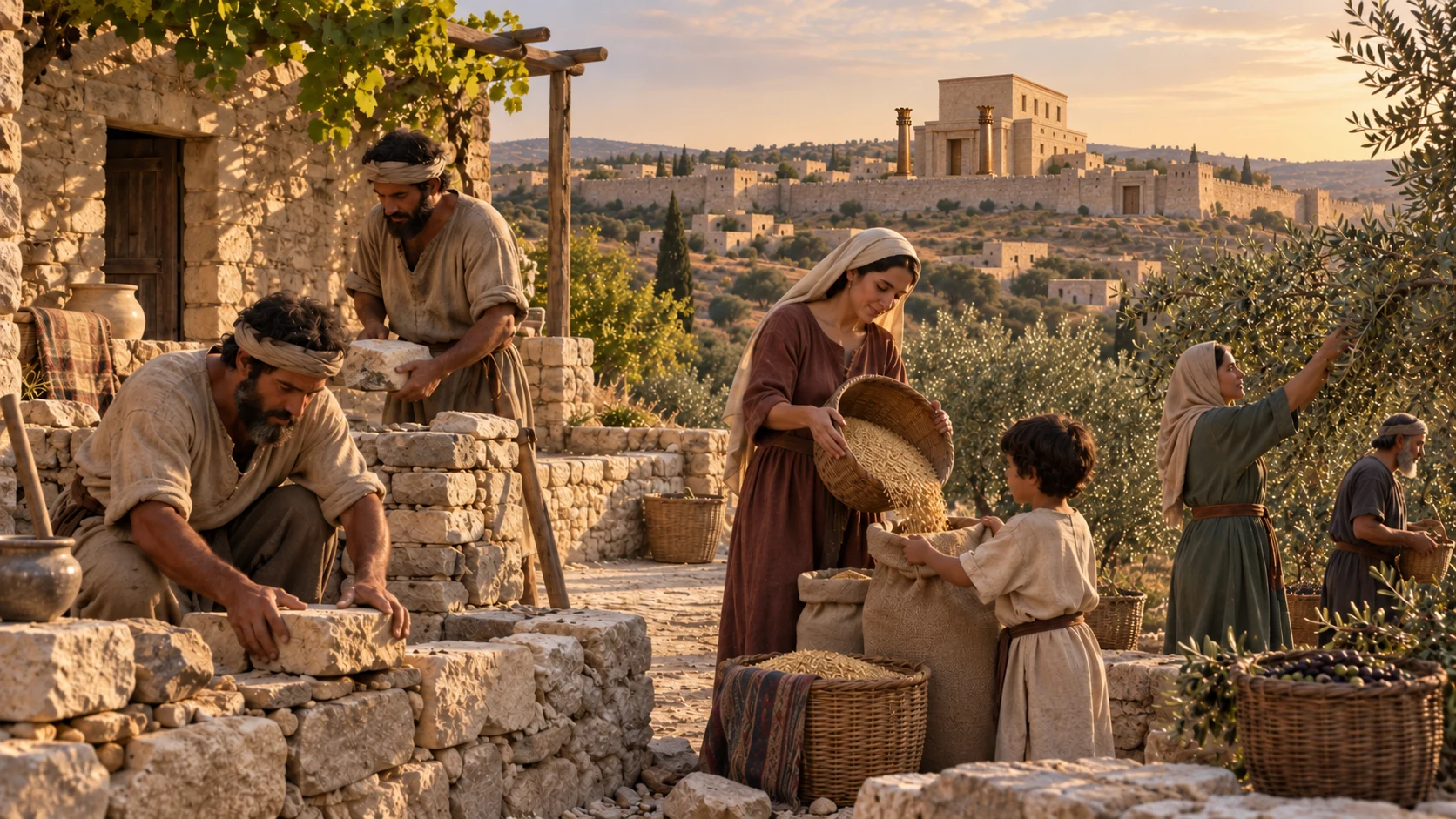Preserved village work and shared provisions illustrate the good things remaining in Judah.