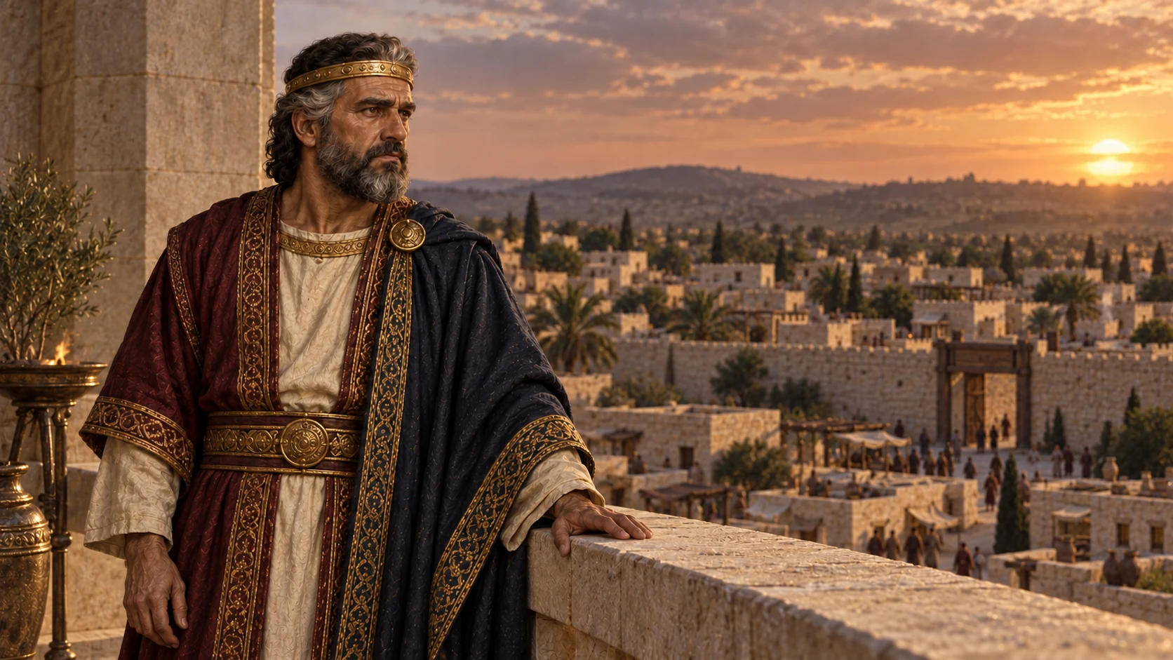 An older Rehoboam overlooks Jerusalem in a retrospective portrait of his seventeen-year reign.