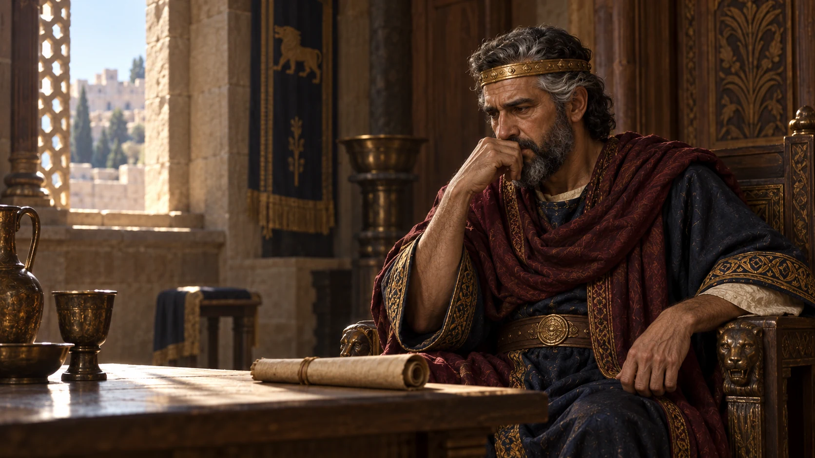 The king’s distracted solitude and unattended scroll illustrate his failure to set his heart to seek Yahweh.