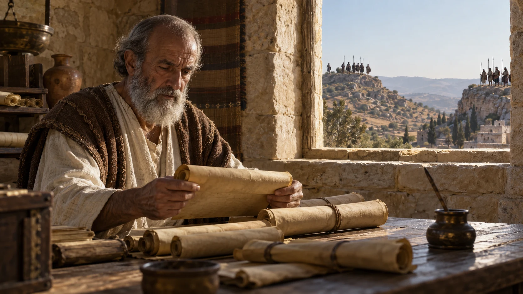 A scribe’s records and distant opposing patrols illustrate the remembered acts and continuing wars.