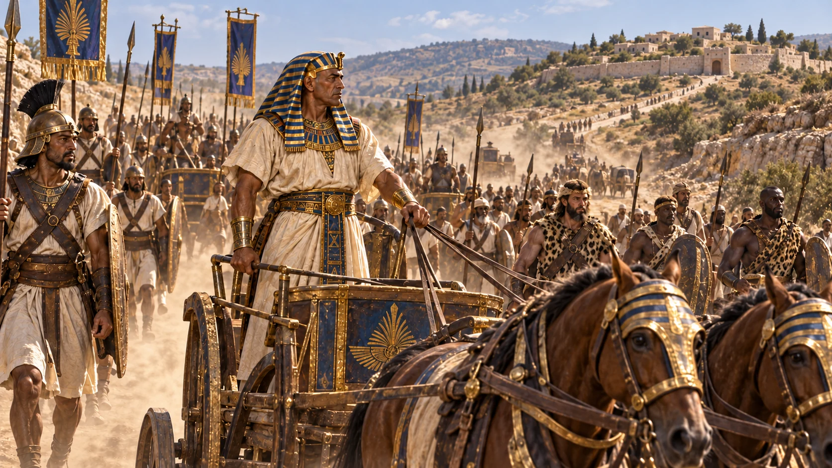 Shishak leads a representative Egyptian army of chariots, horsemen, and allied troops toward Judah.
