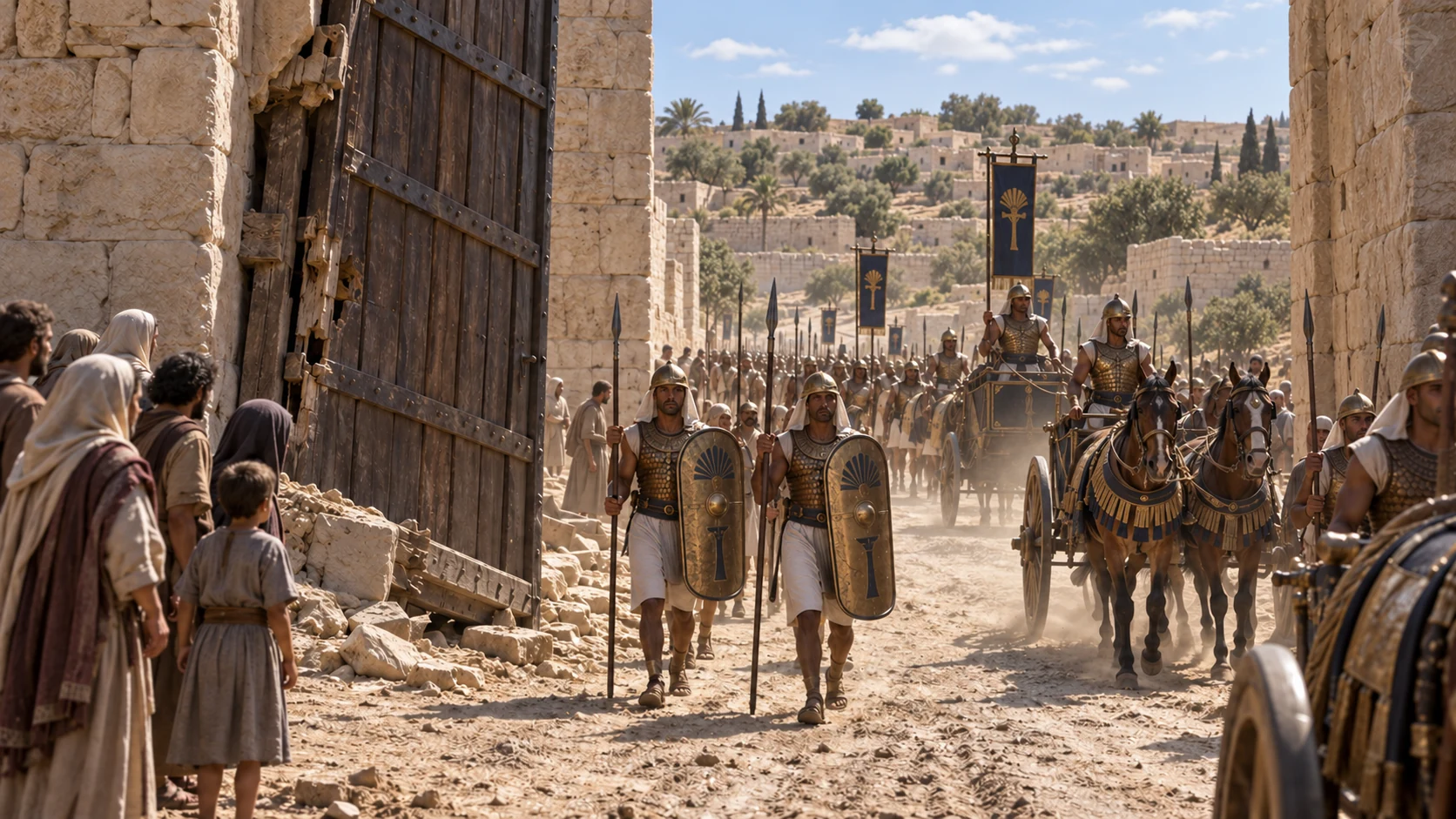 Egyptian soldiers enter a captured fortified city on their advance toward Jerusalem.