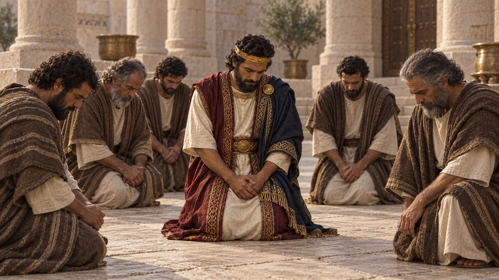 The king and leaders lower themselves in humility and acknowledge Yahweh’s righteousness.