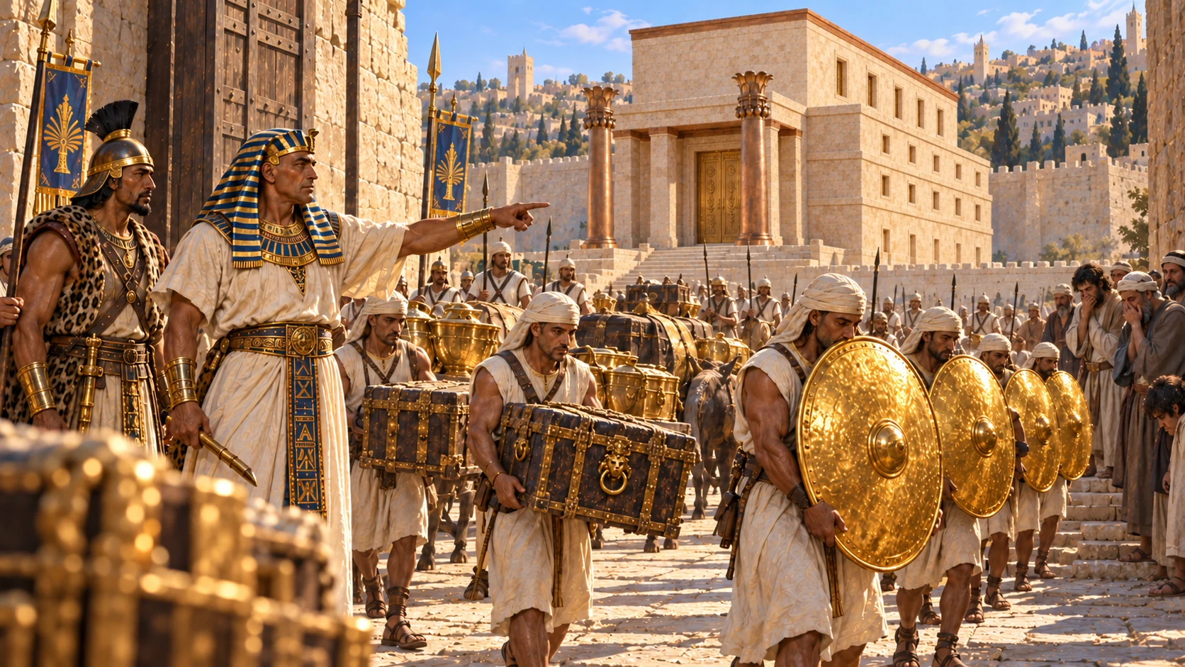 Shishak directs the removal of treasure and Solomon’s gold shields while the temple remains intact.