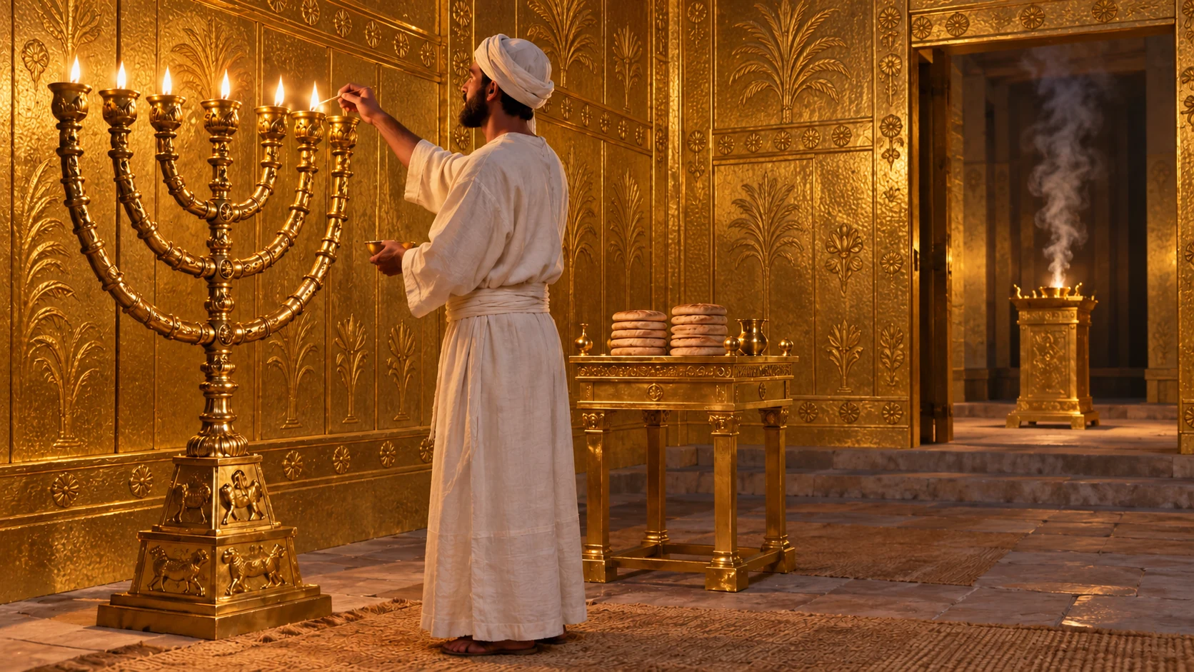A linen priest tending lamps and the bread table illustrates Judah’s continued temple service.