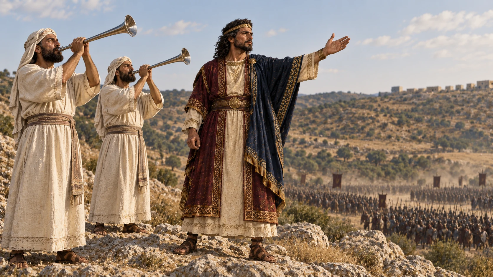 Abijah warns Israel while Judah’s priests stand with the battle trumpets.